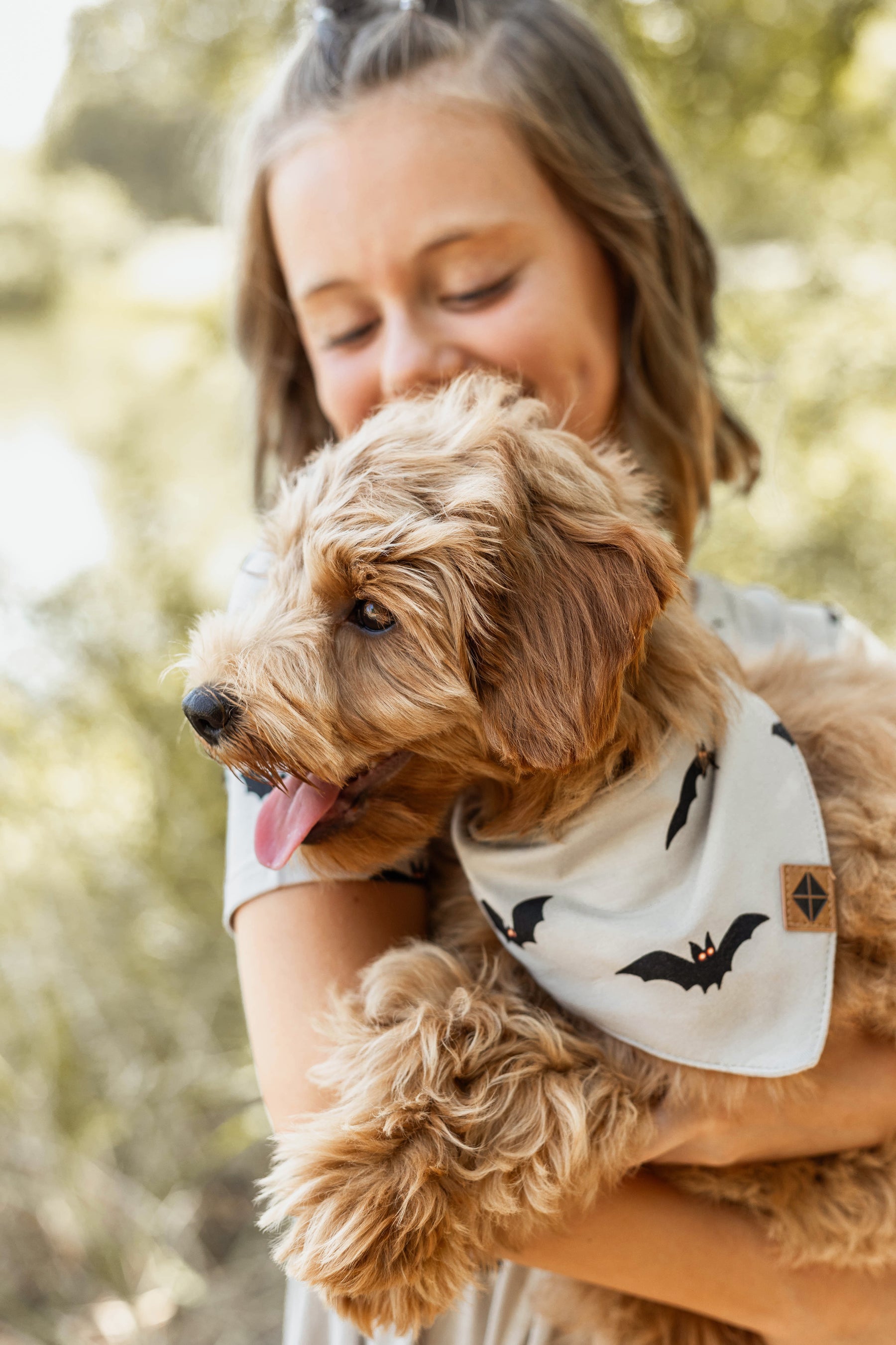 Brown dog wearing Dog Bandana in Bats print cuddled with a girl outdoors