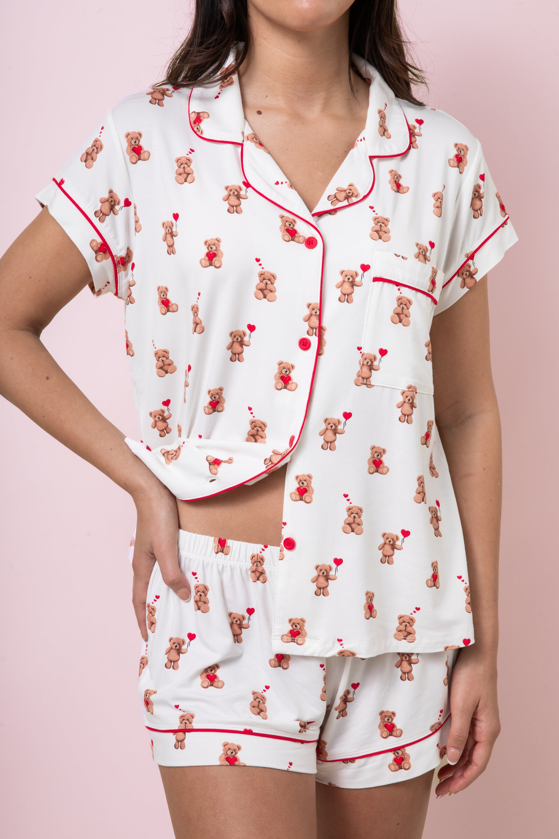 Close up of the Women's Short Sleeve Pajama Set in Bear Hearts shown on a model