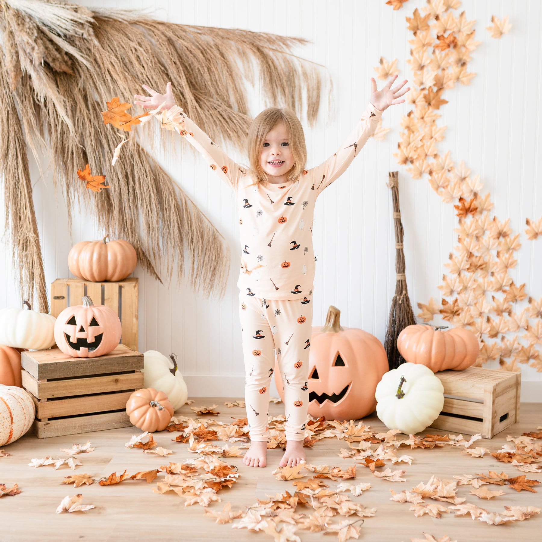Girl wearing Long Sleeve Halloween Pajamas in Bewitched