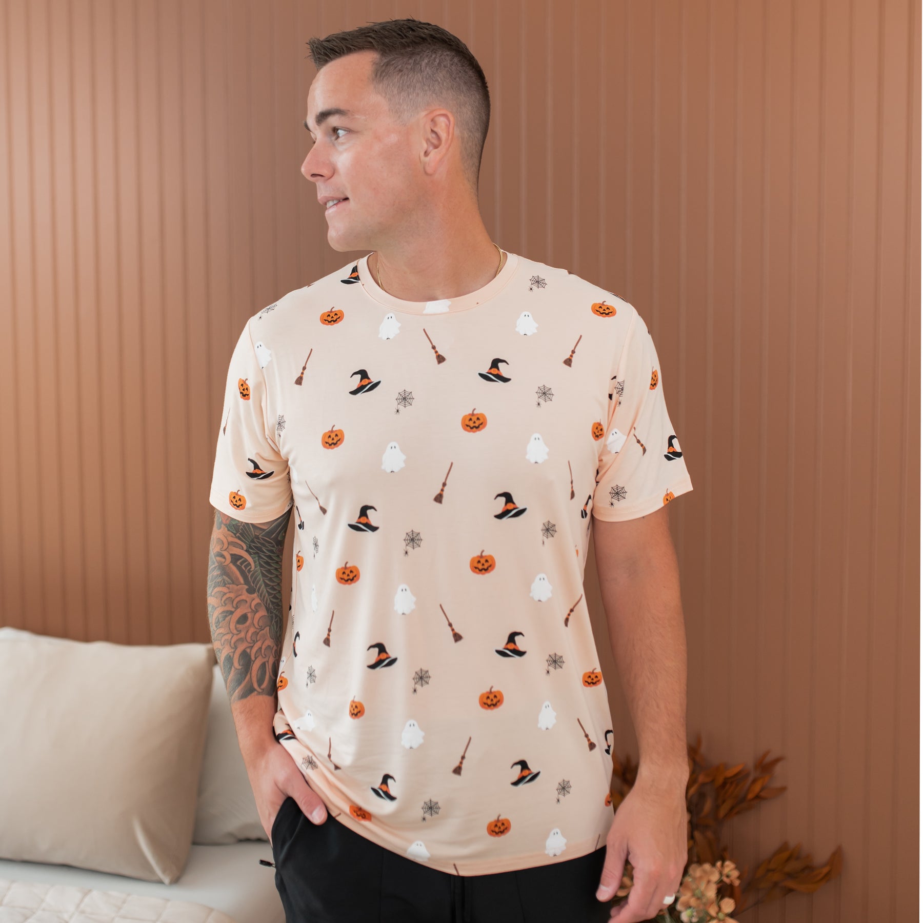 Man wearing halloween themed bamboo t-shirt