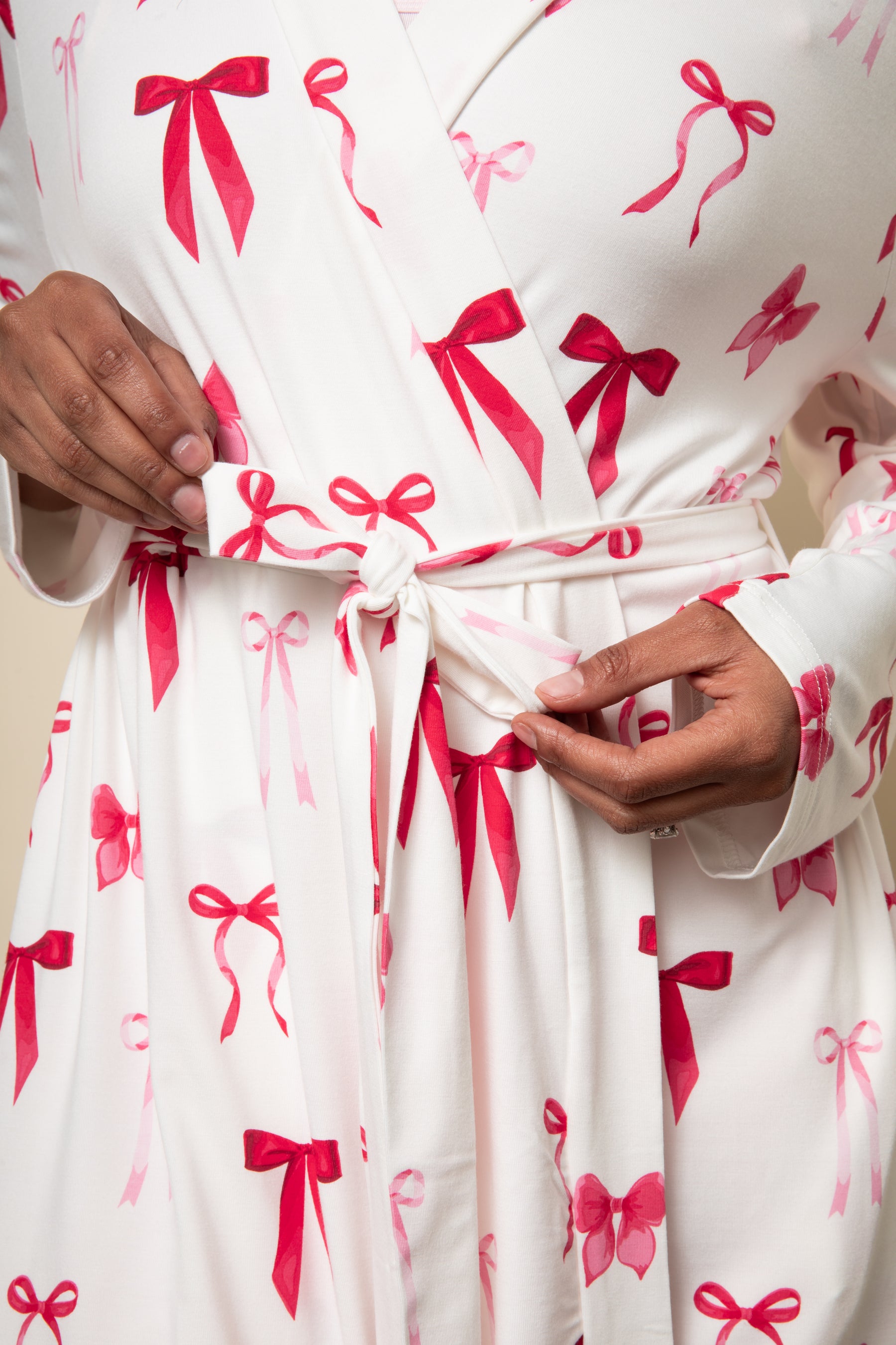Tie waist on the Women's Lounge Robe in Big Love Bow shown on a model