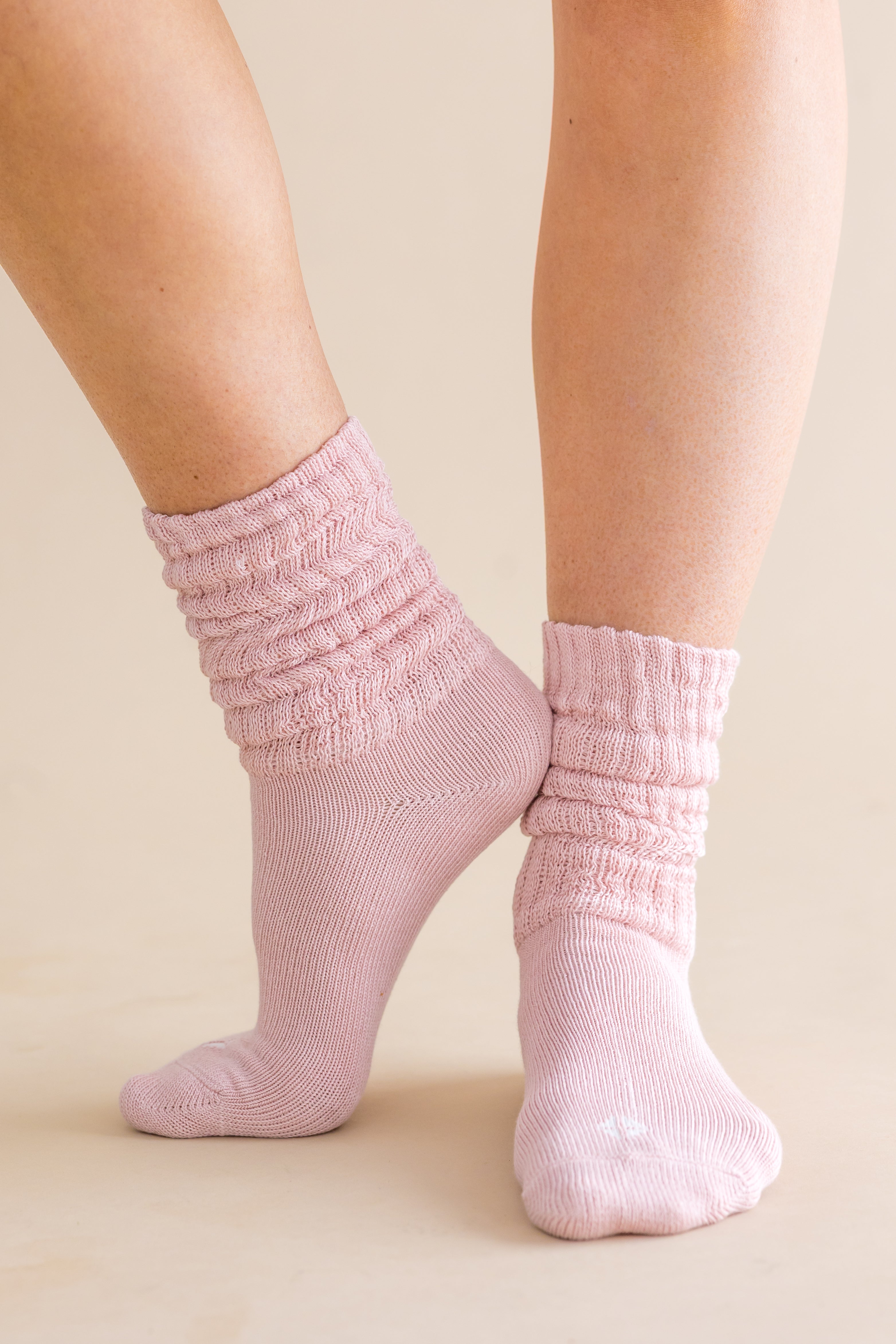 Adult Scrunch Socks in Blush shown on a models feet