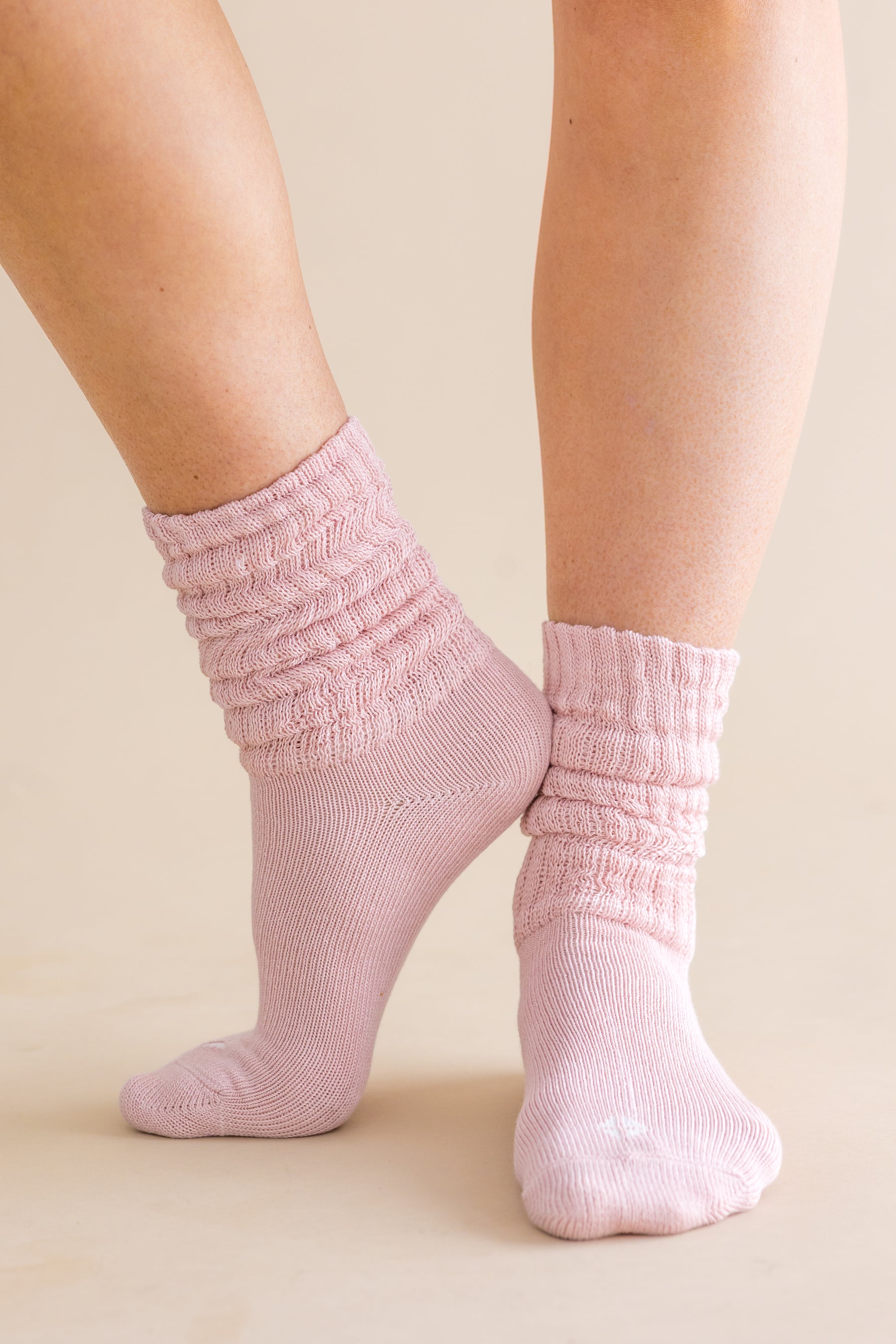 Adult Scrunch Socks in Blush shown on a models feet