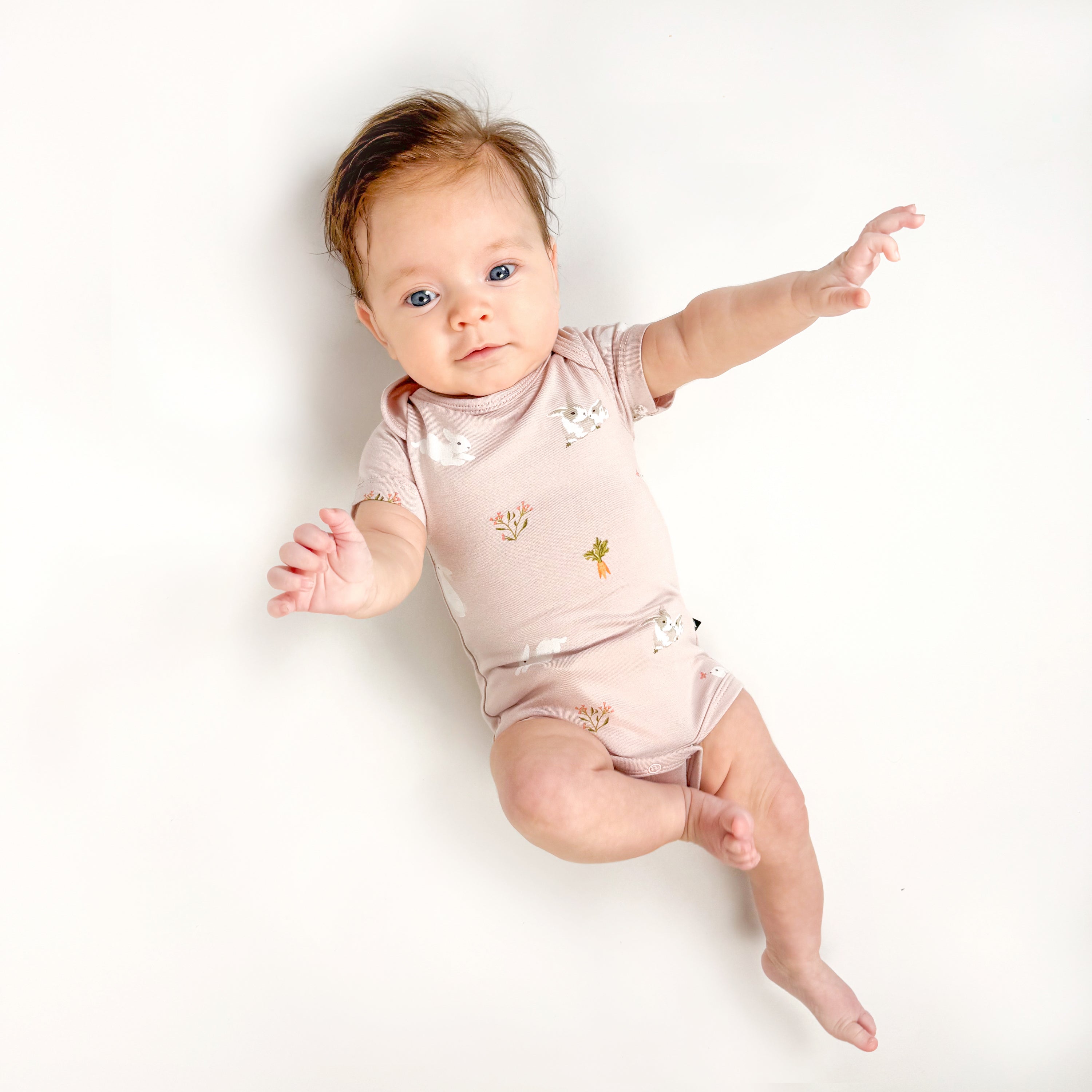 Baby wearing Bodysuit in Blush Rabbit