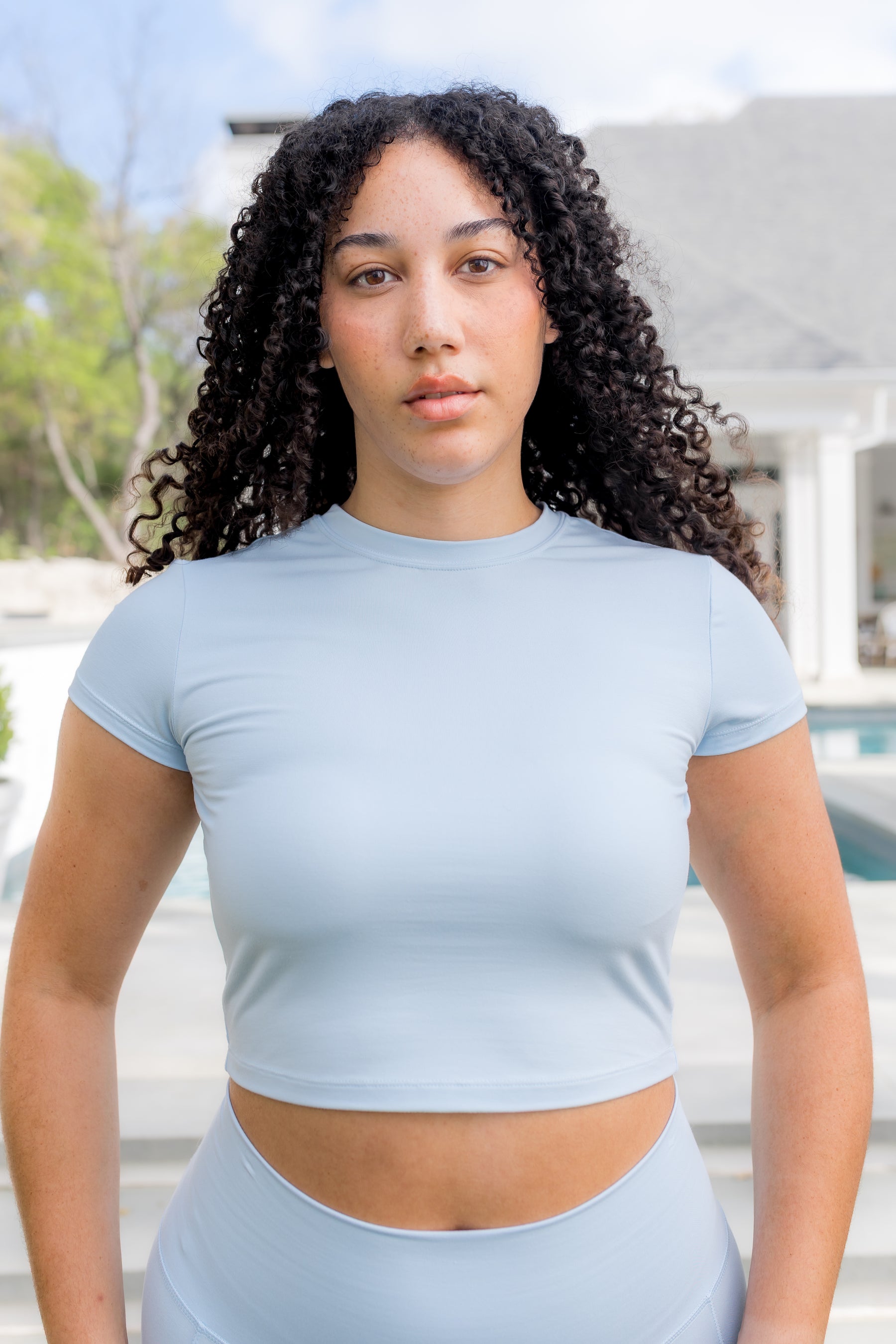 Female modeling the Bamboo Flex Baby Tee in Breeze