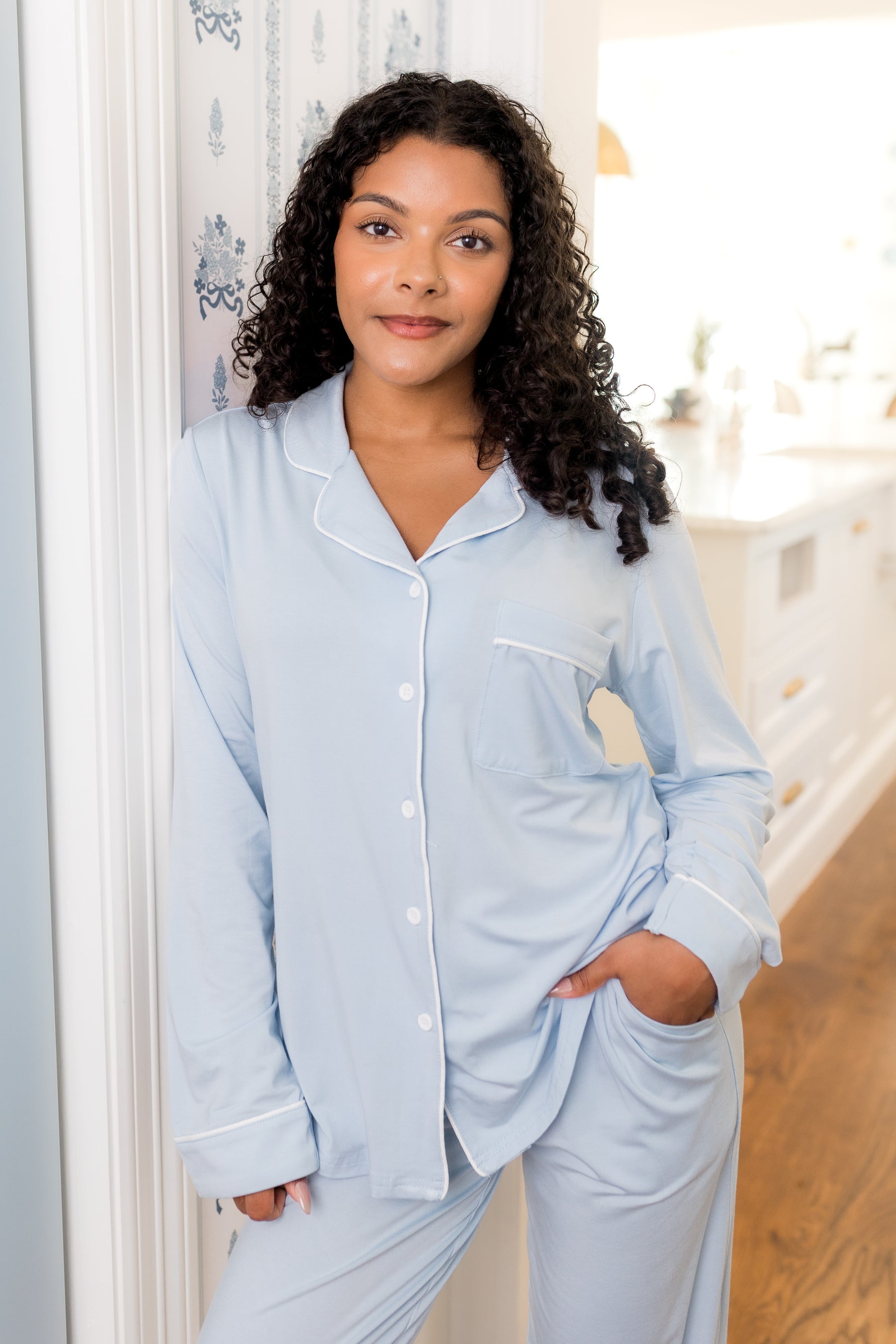 Close up of female modeling the Long-Sleeved Women's Pajama Set in Breeze