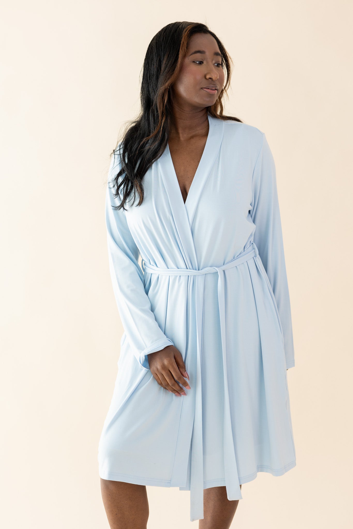 Female modeling the soft and stretchy Women's Lounge Robe in Breeze