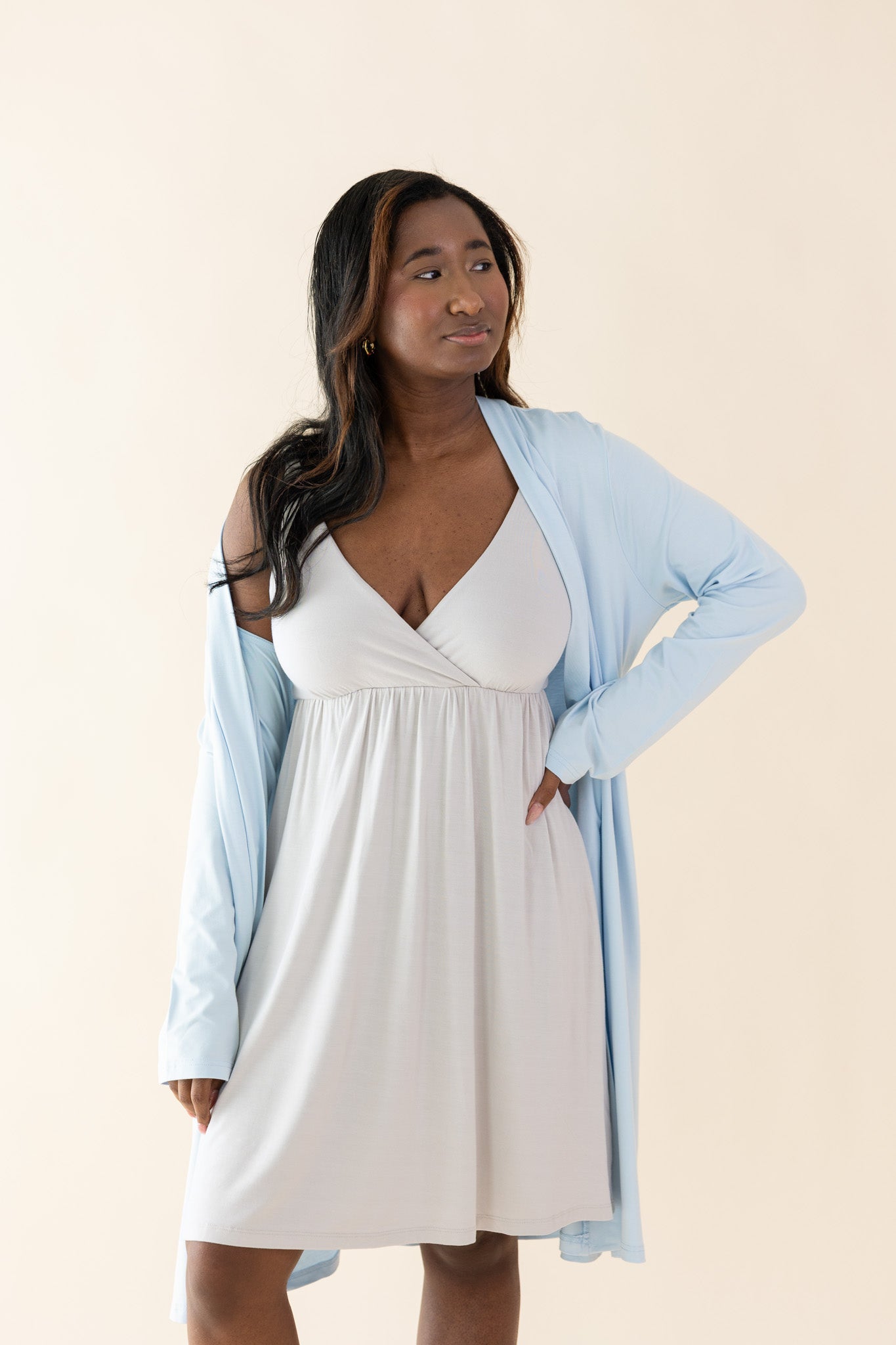 Female modeling the Women's Lounge Robe in Breeze paired with the women's oat night gown