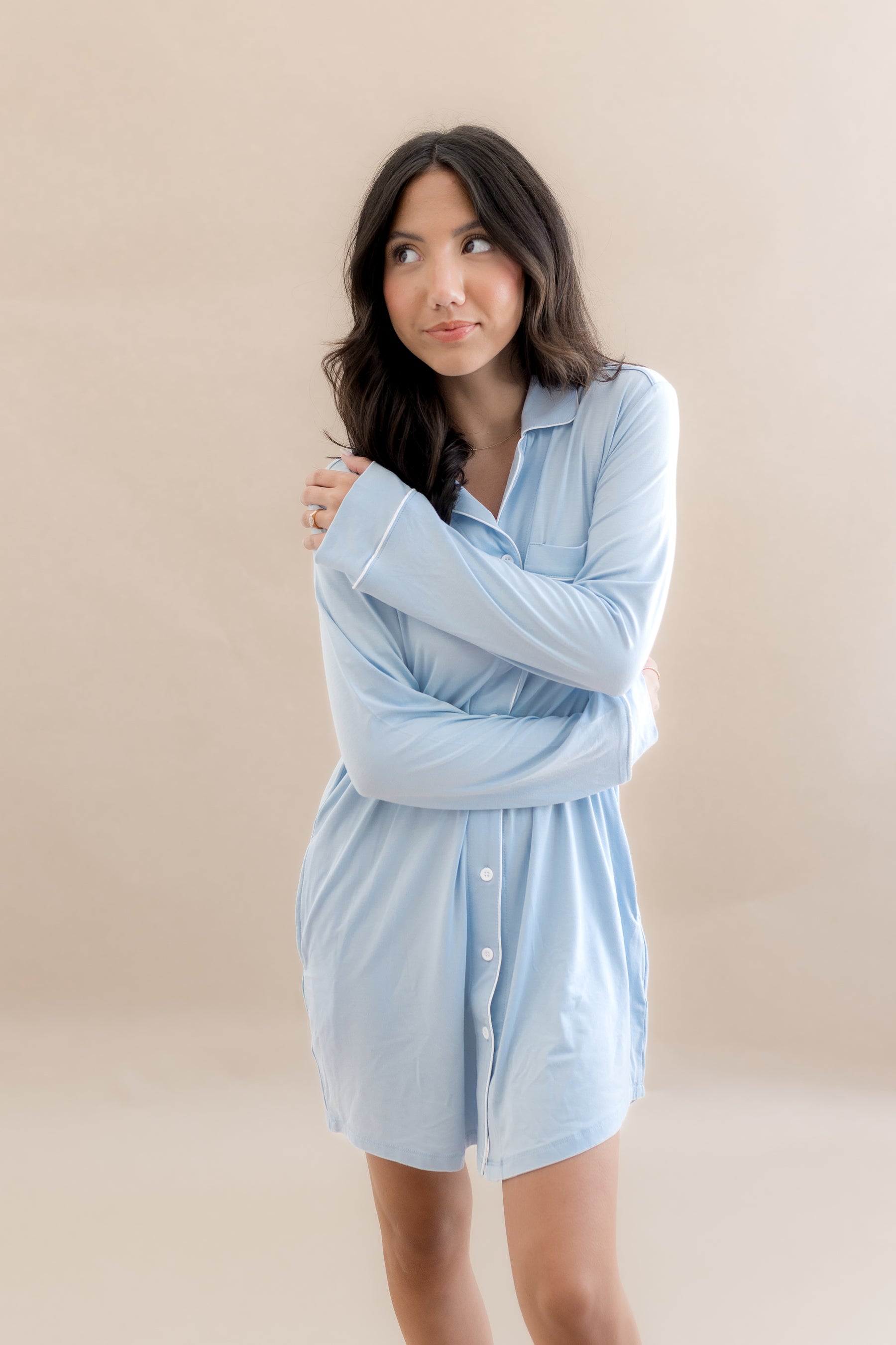 Female modeling the Long Sleeve Women’s Nightshirt in Breeze