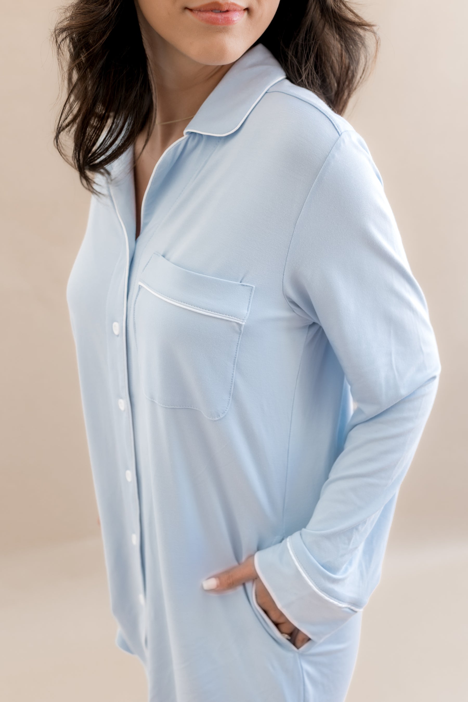 Close up of the side pocket and white trim on the Long Sleeve Women’s Nightshirt in Breeze