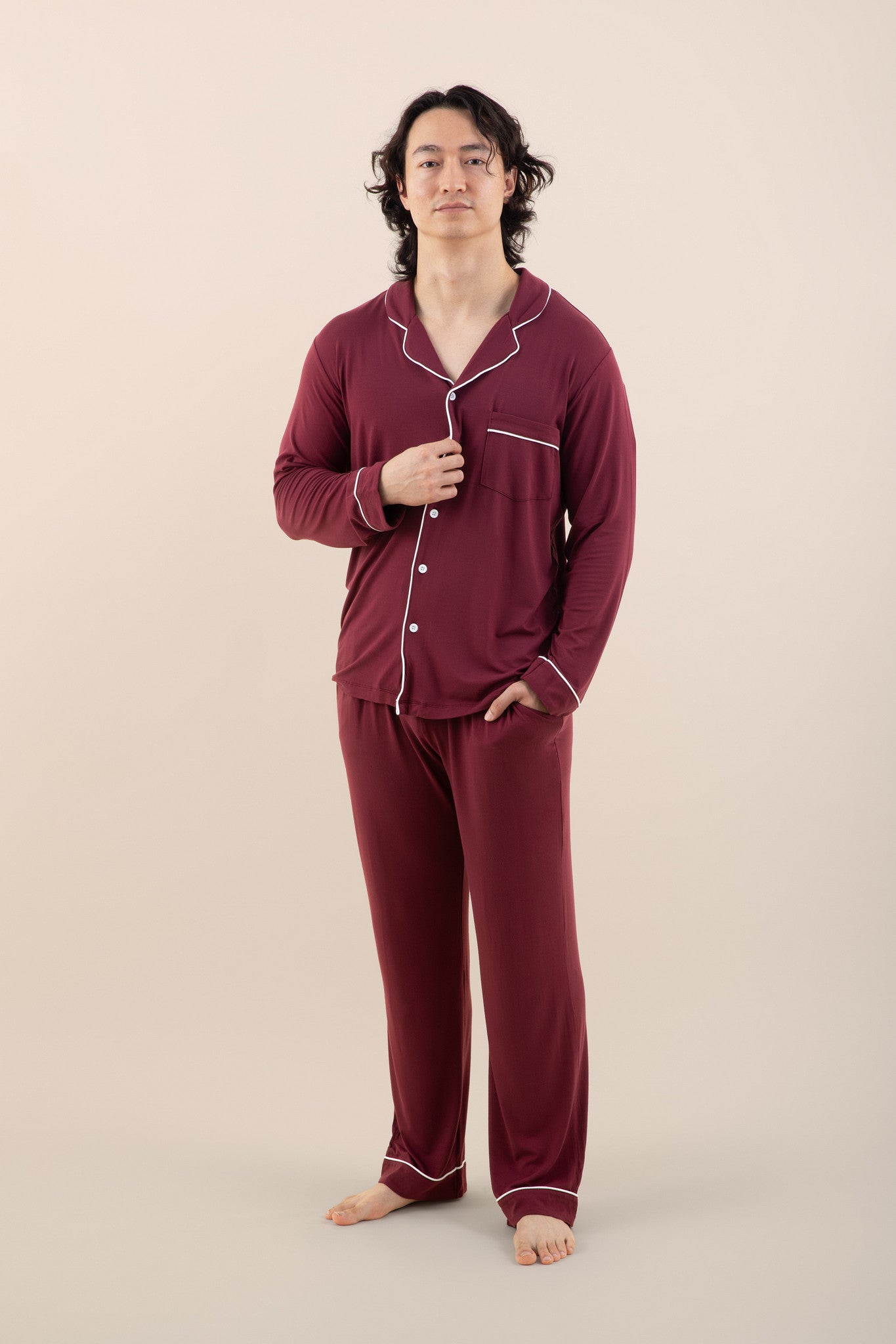 Male modeling the Men's Long Sleeve Pajama Set in Burgundy