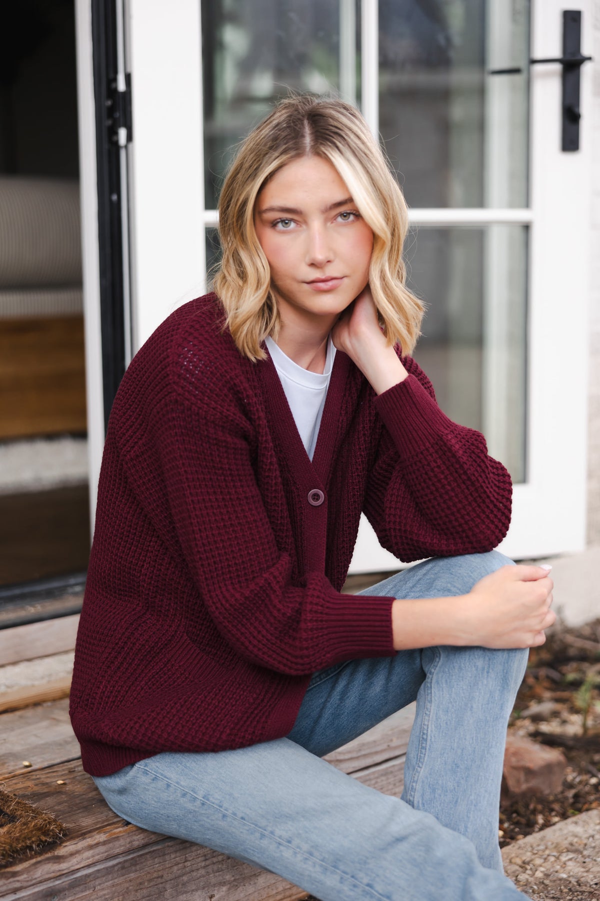 Chunky Knit Women's Waffle Cardigan in Burgundy