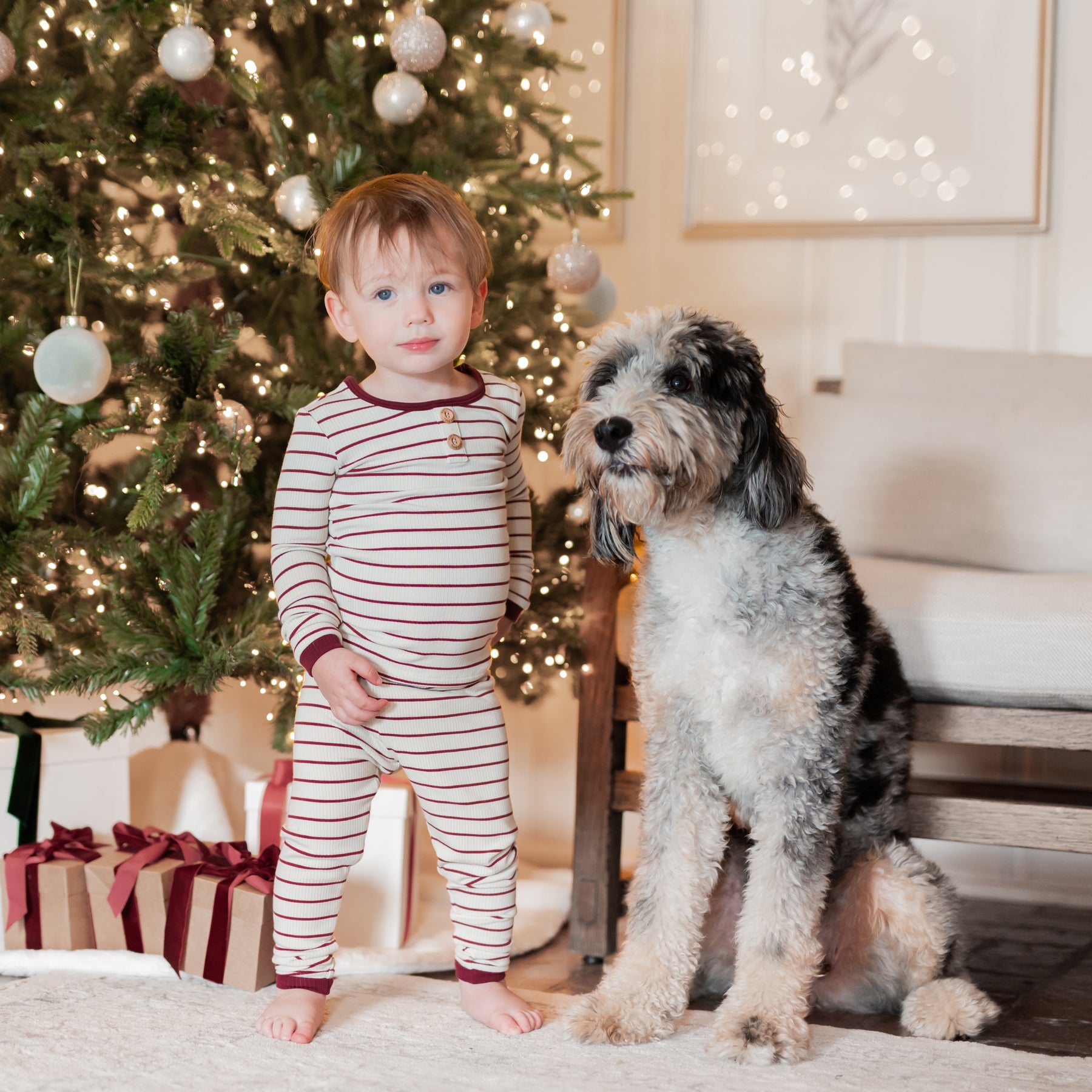 Young toddler standing in front of a decorated Christmas tree beside a medium sized dog wearing the Ribbed Henley Set in Burgundy Stripe 