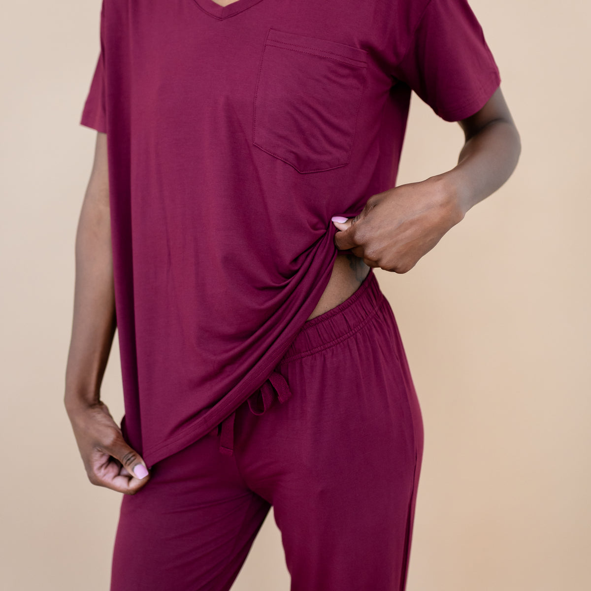 Close up of the tie waistband on the Women's Lounge Pants in Burgundy