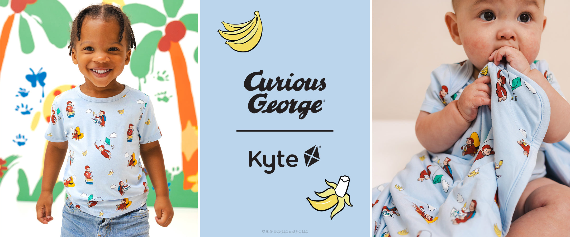 A three-panel promotional image for Curious George by Kyte. The left panel shows a smiling child wearing a light blue t-shirt with colorful cartoon characters.