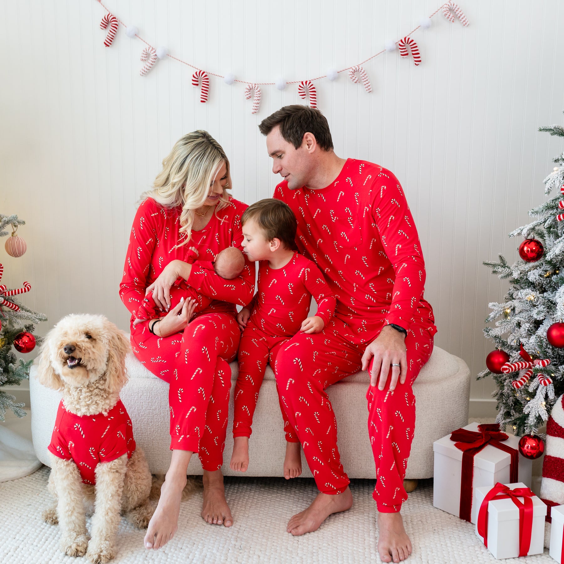 Family of four sitting on an ottoman matching in Candy Cane Pajama Sets with a medium sized dog sitting in front of them wearing the Candy Cane Dog Tee