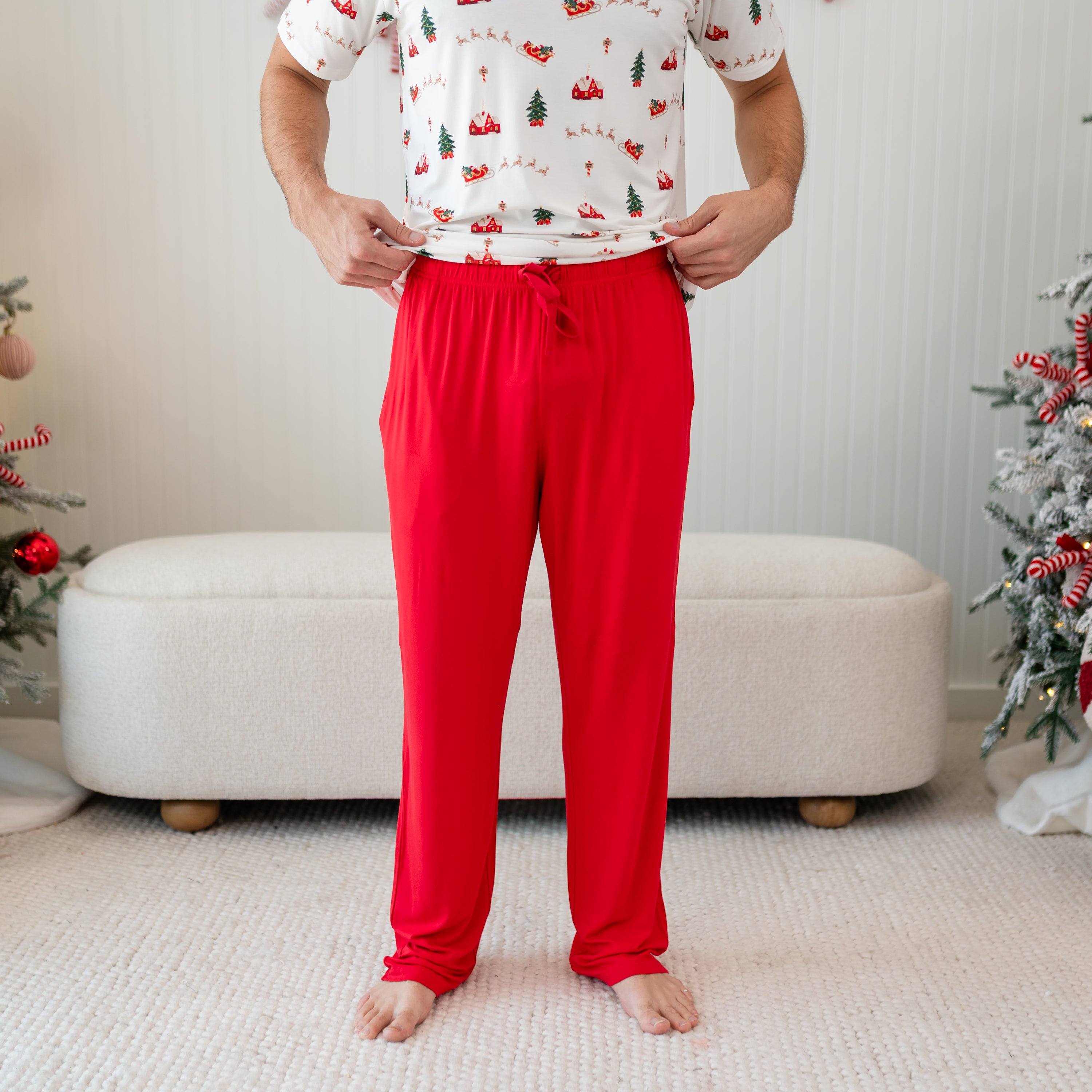 Men's Lounge Pants in Cardinal shown on a male model