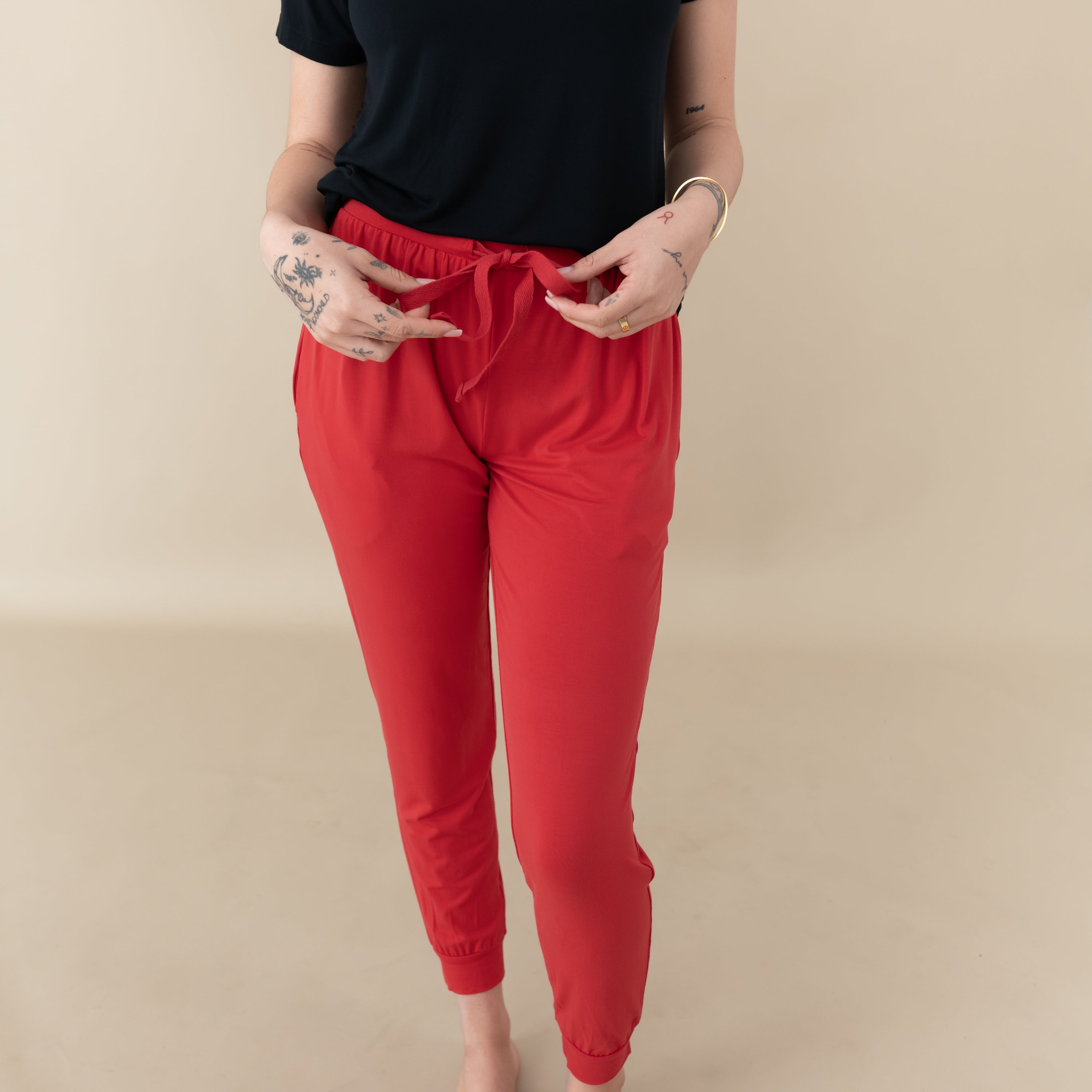 Woman modeling Women's Jogger Pants in Cardinal