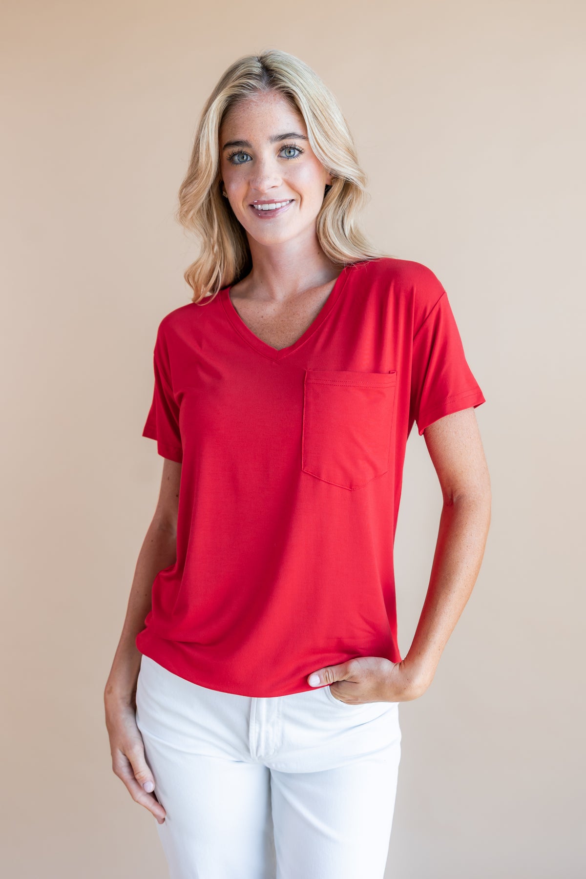 Women's Oversized V-Neck Tee in Cardinal