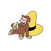 Curious George cartoon illustration sitting on a yellow hat and holding a banana, shown on a plain white background.