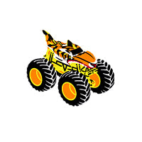 A cartoon-style yellow and black monster truck with oversized black tires and orange wheels, isolated on a white background.