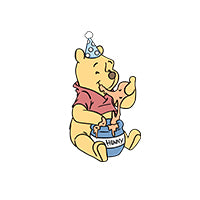 A cartoon illustration of Winnie the Pooh holding a blue cup and wearing a party hat, isolated on a white background.