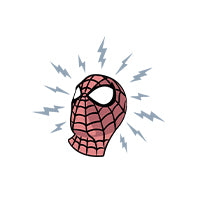 A cartoon Spider-Man mask with a pink and red web pattern, white eyes, and gray lightning bolts radiating outward on a white background.
