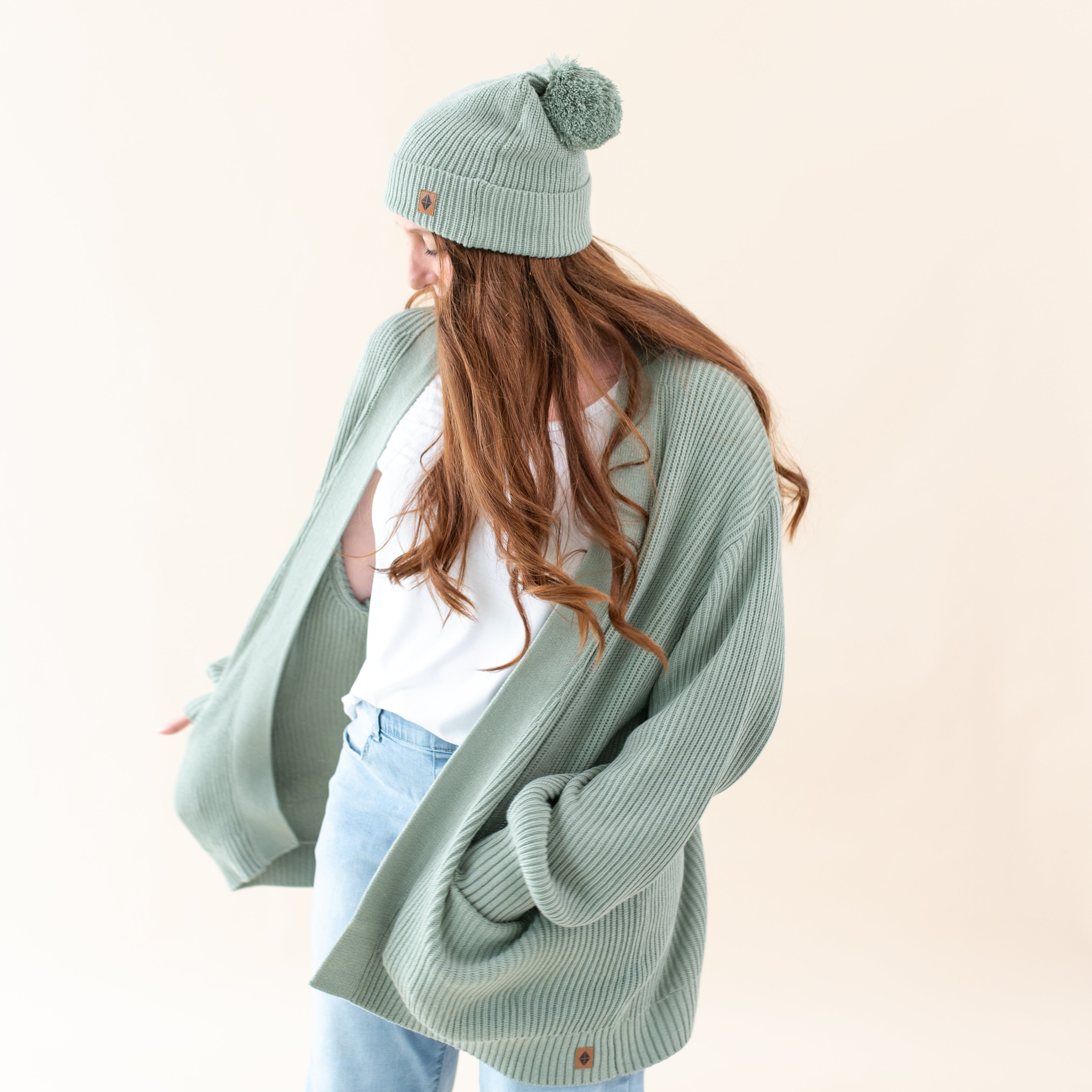 Chunky Knit Adult Pom Beanie in Thyme