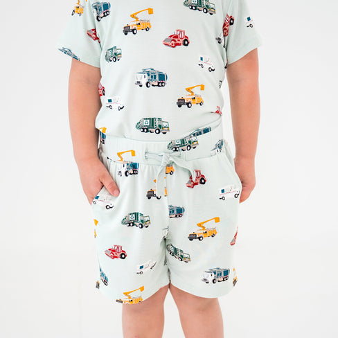 Drawstring Short in City Vehicles shown on a child model