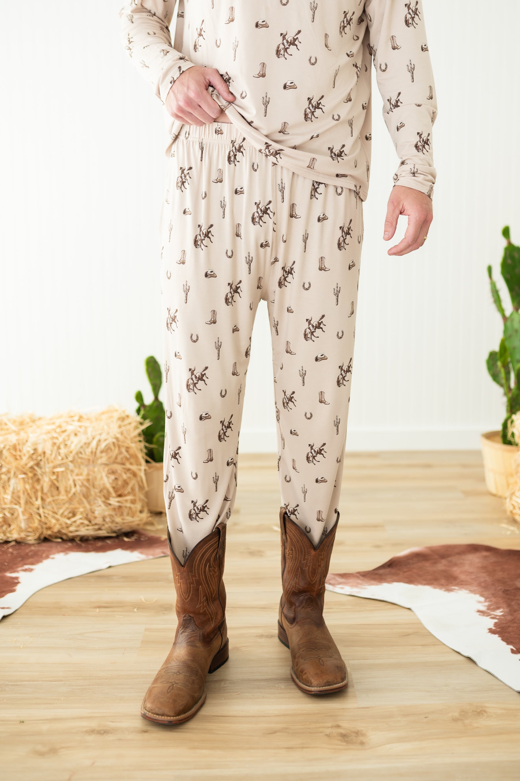 The bottoms of the Men's Jogger Set in Classic Cowboy shown on a male model