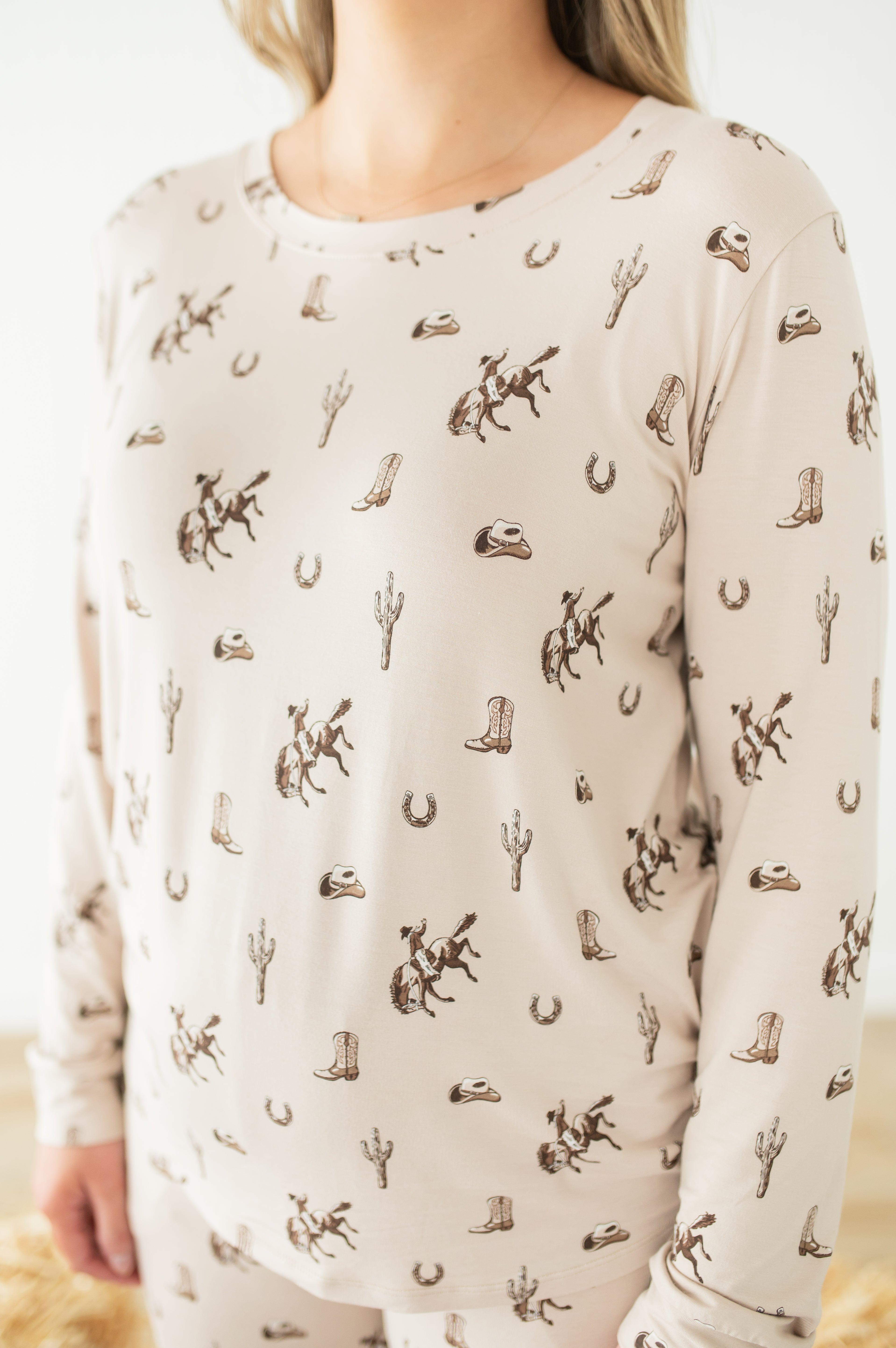 Close up of the top in the Women's Jogger Pajama Set in Classic Cowboy