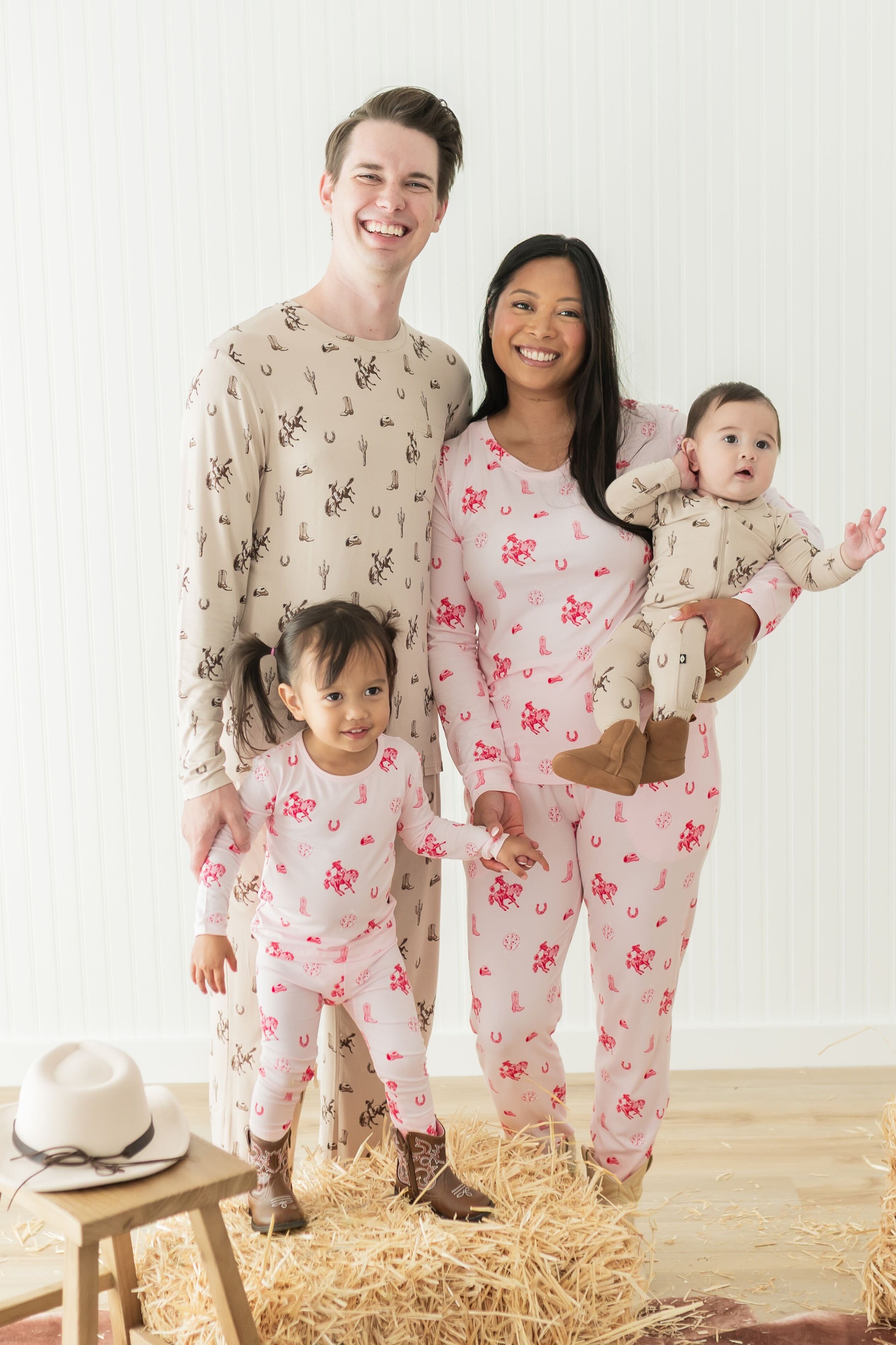 Family of four matching in Classic Cowboy and Disco Cowgirl 