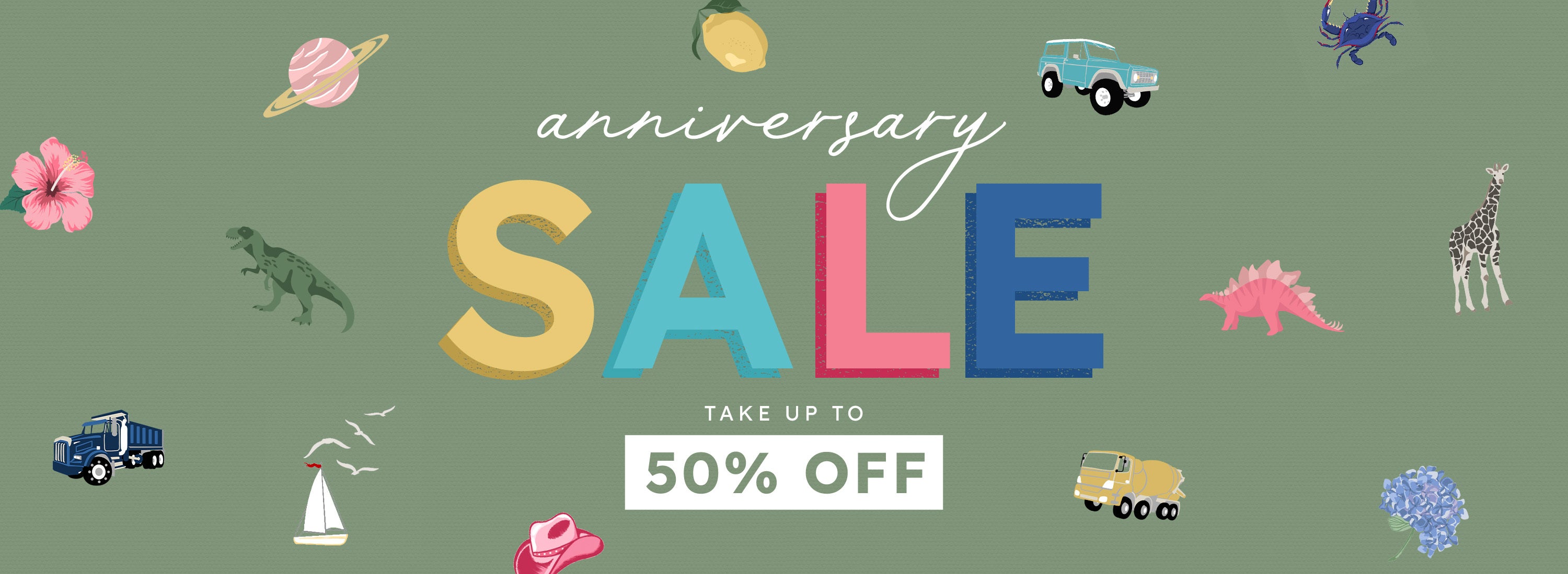green banner with colorful print elements with text that says anniversary sale take up to 50% off 