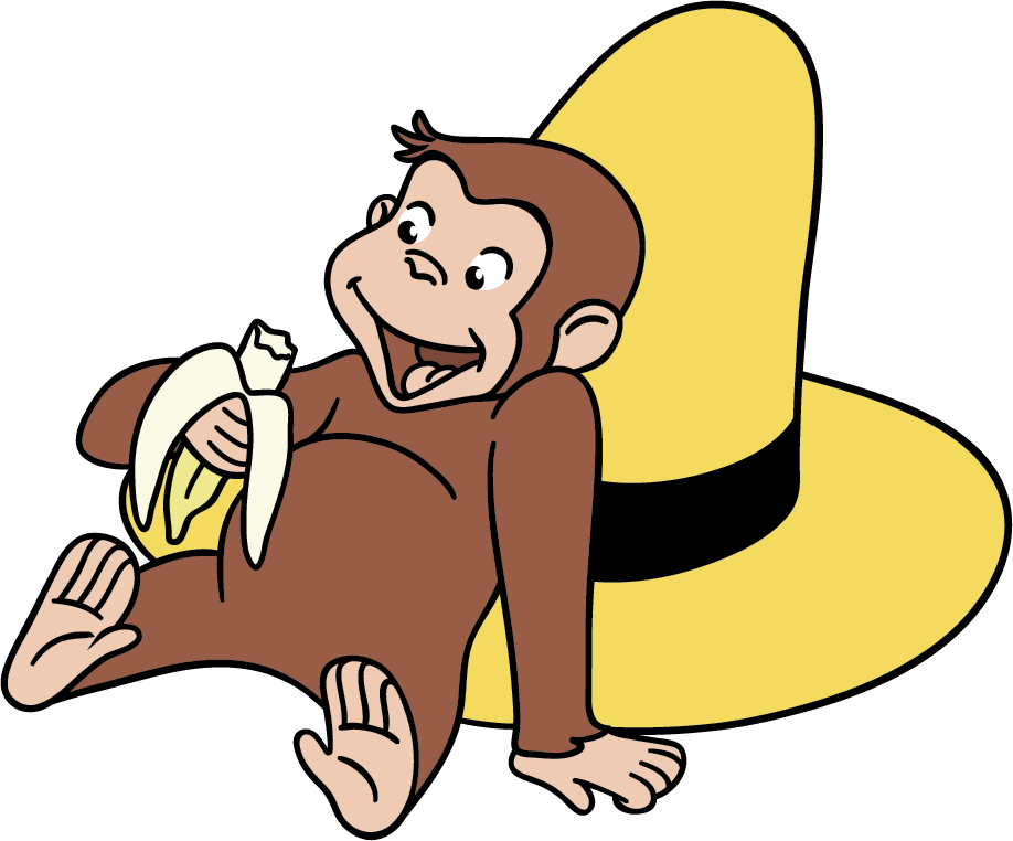 Curious George cartoon monkey sitting on a yellow hat and holding a banana, shown on a plain white background.