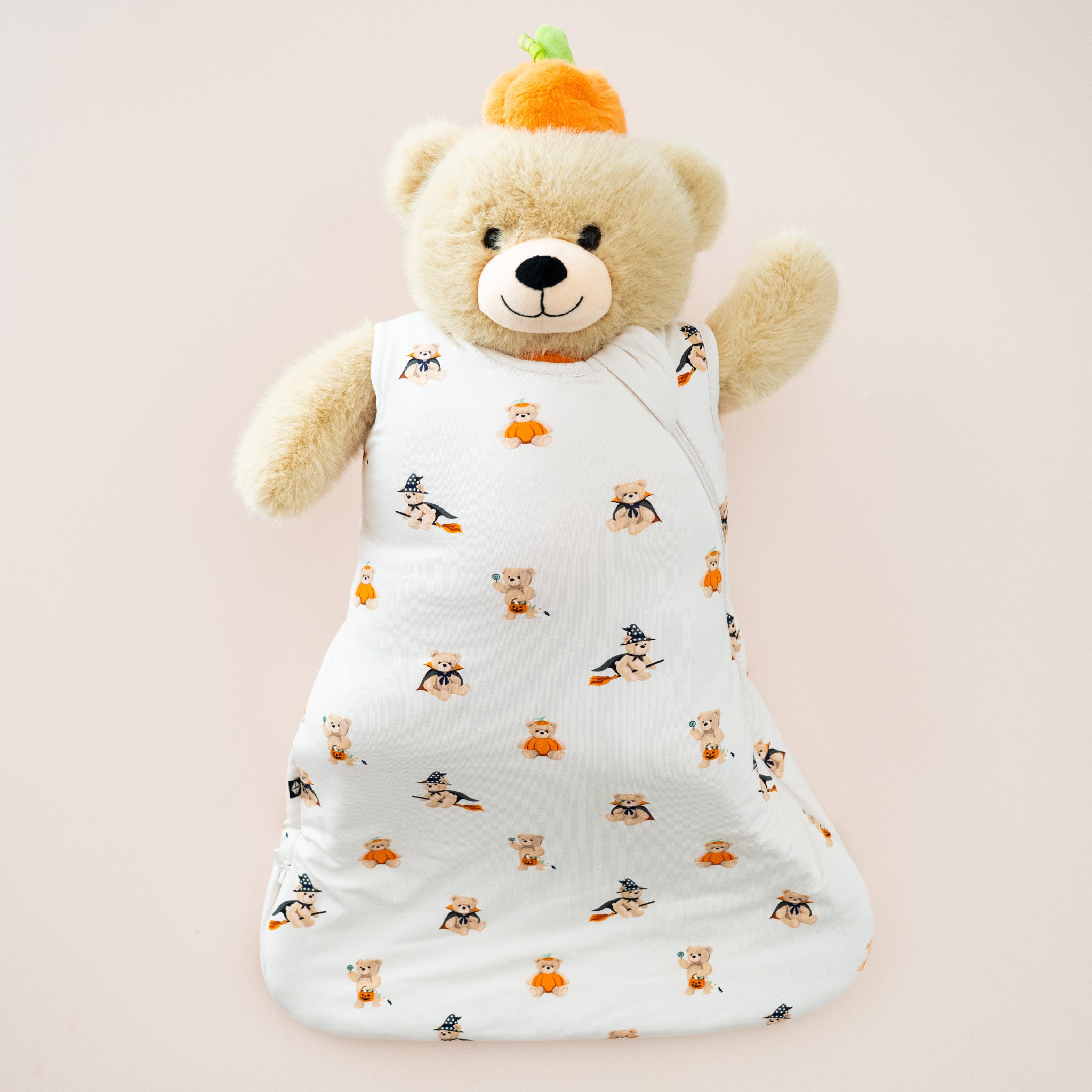 Stuffed bear wearing a sleep bag in a halloween sleep bag print