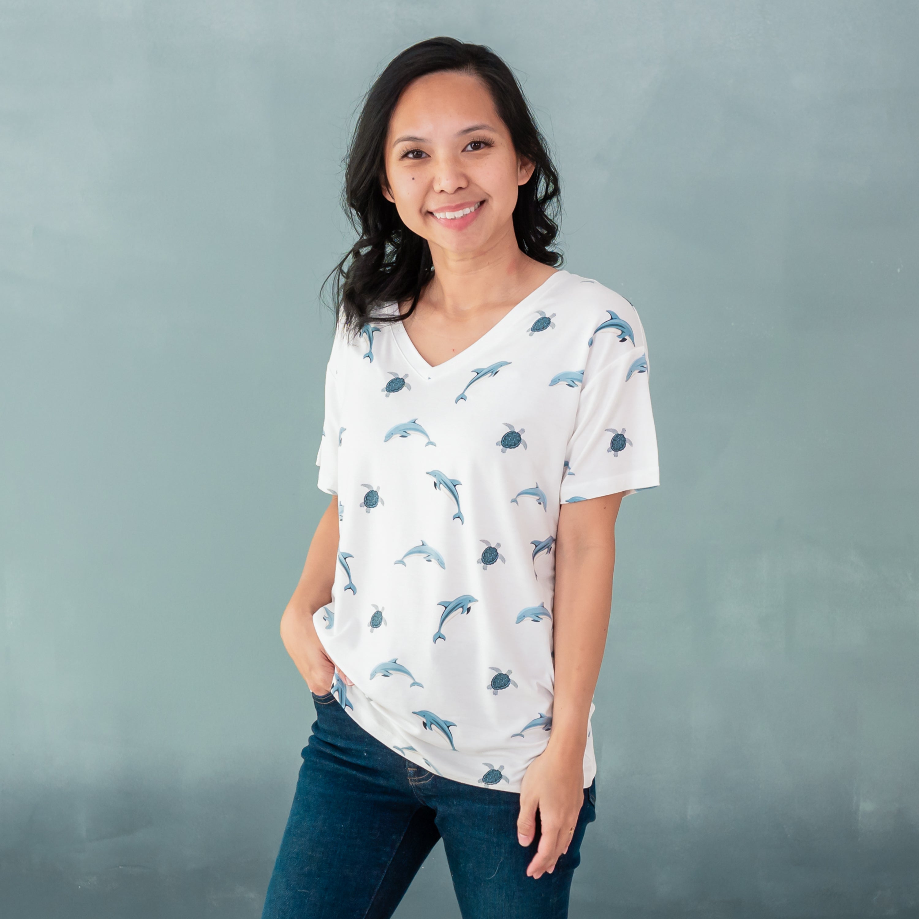 Woman modeling Women’s Relaxed Fit V-Neck in Dolphin