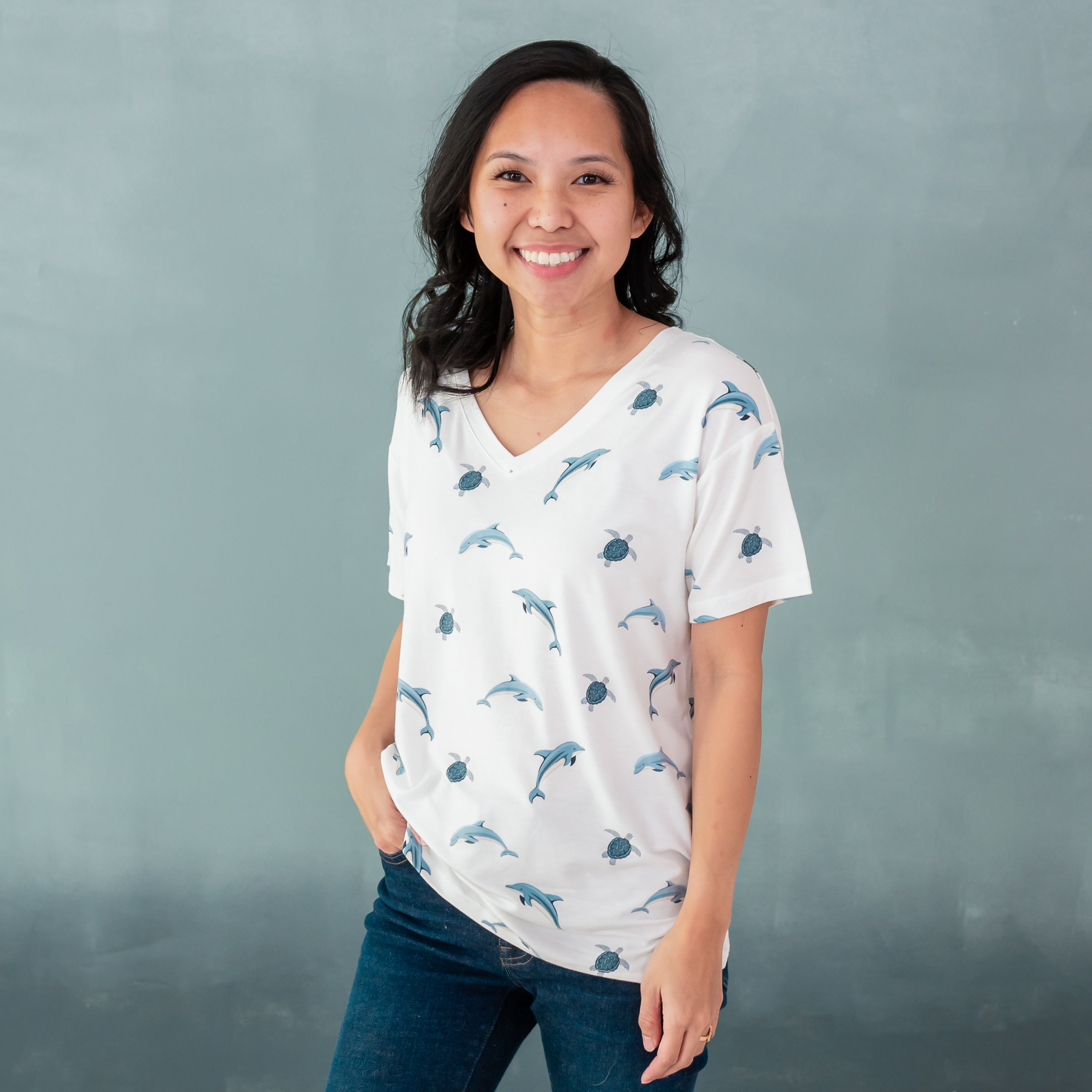 Woman modeling Women’s Relaxed Fit V-Neck in Dolphin