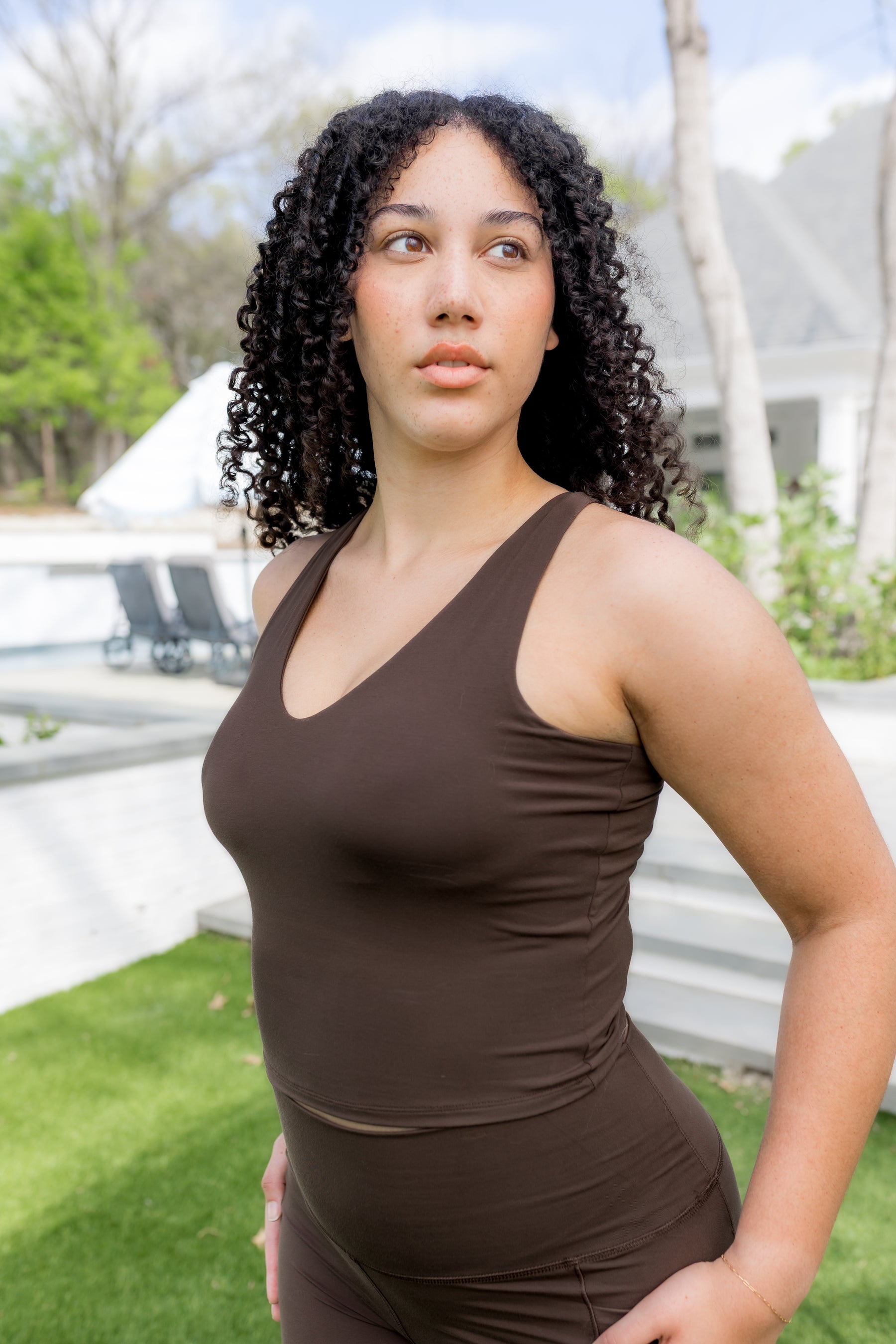 Female modeling the Bamboo Flex Bra Tank in Espresso