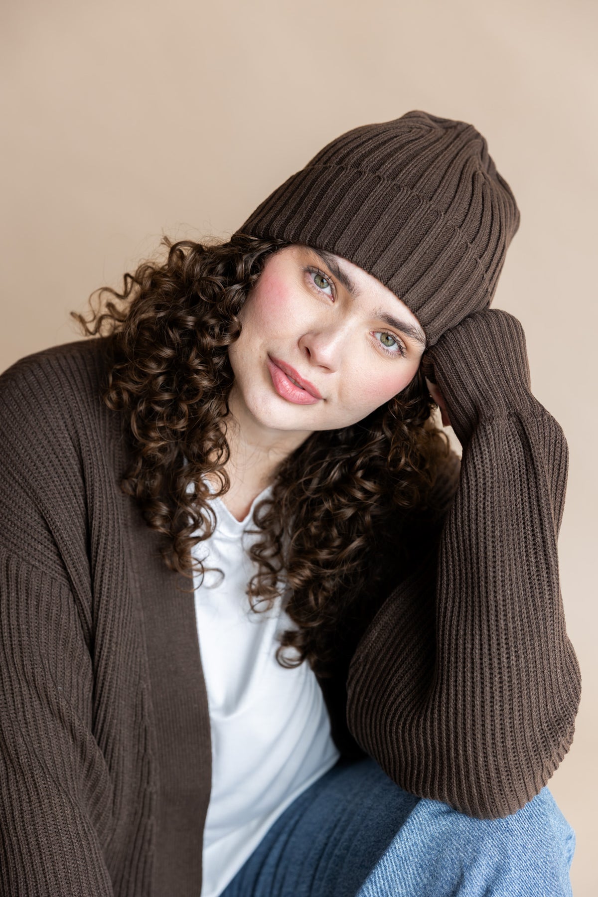 Chunky Knit Adult Ribbed Beanie in Espresso
