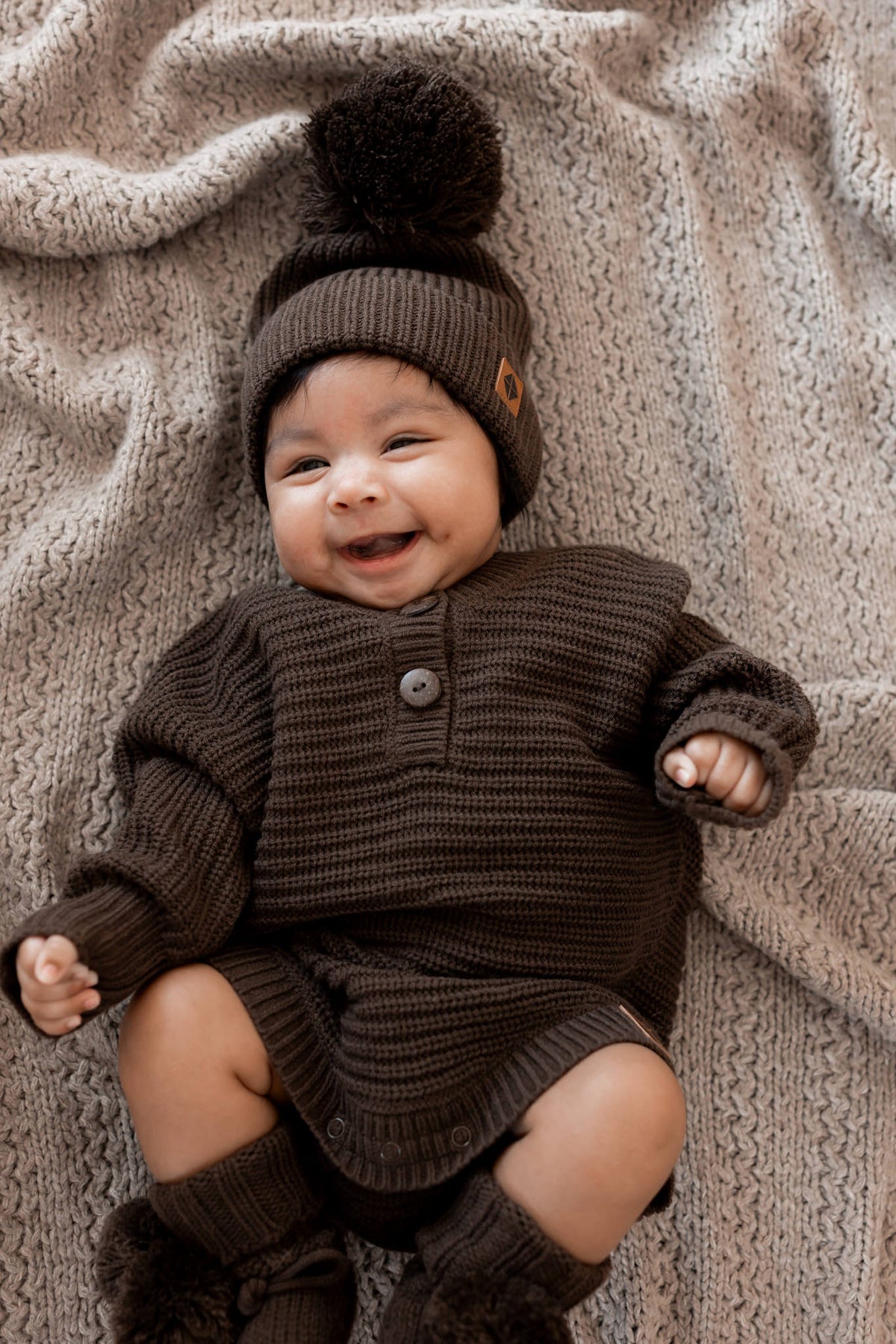 Chunky Knit Pom Beanie in Espresso