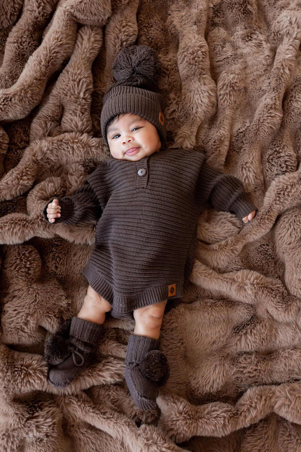 Chunky Knit Romper Set with Beanie & Booties in Espresso