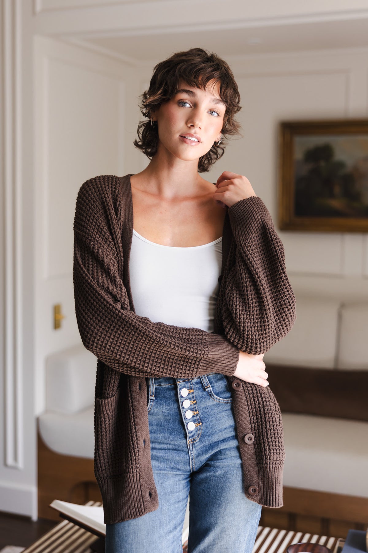 Chunky Knit Women's Waffle Cardigan In Espresso