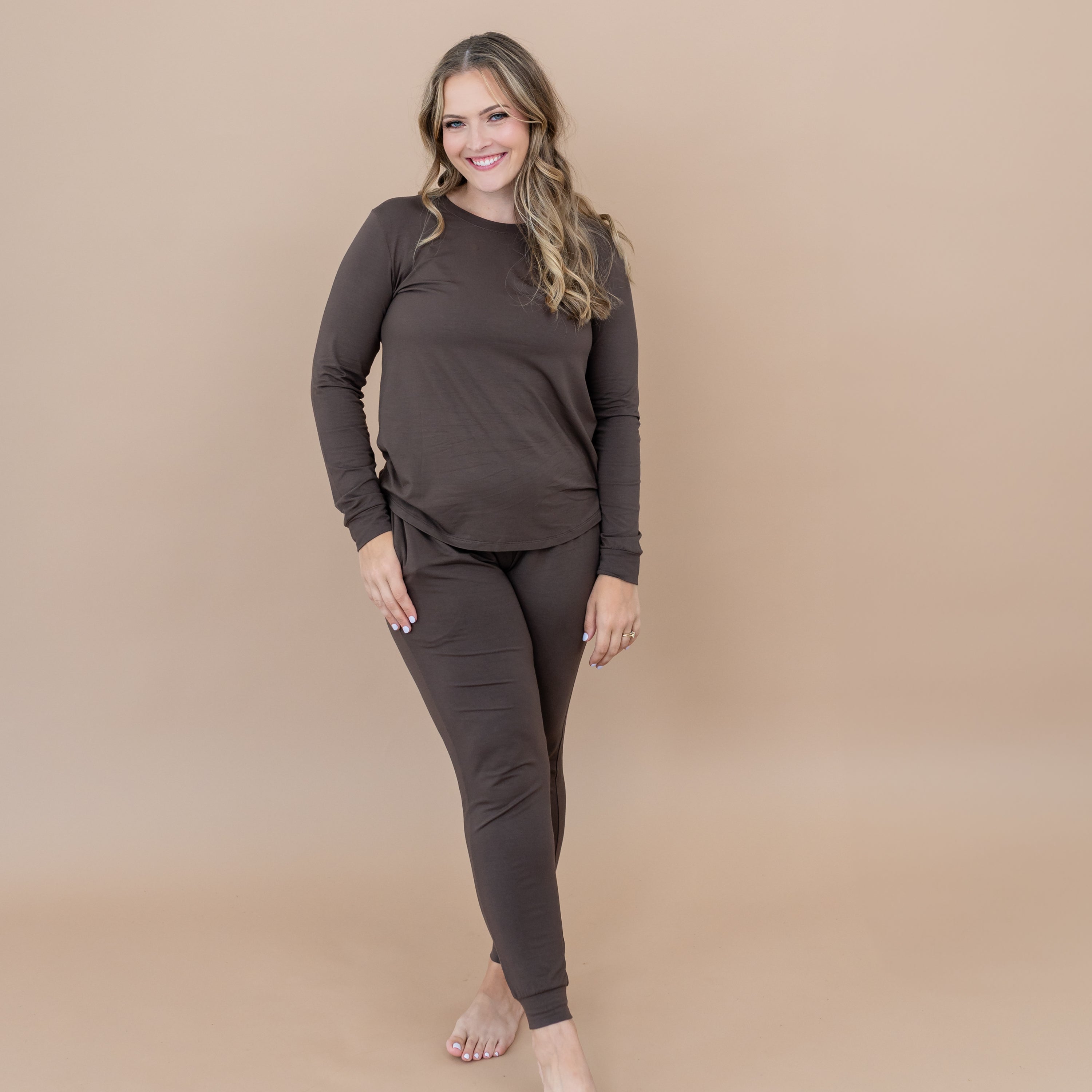 Female model wearing the Women's Jogger Pajama Set in Espresso
