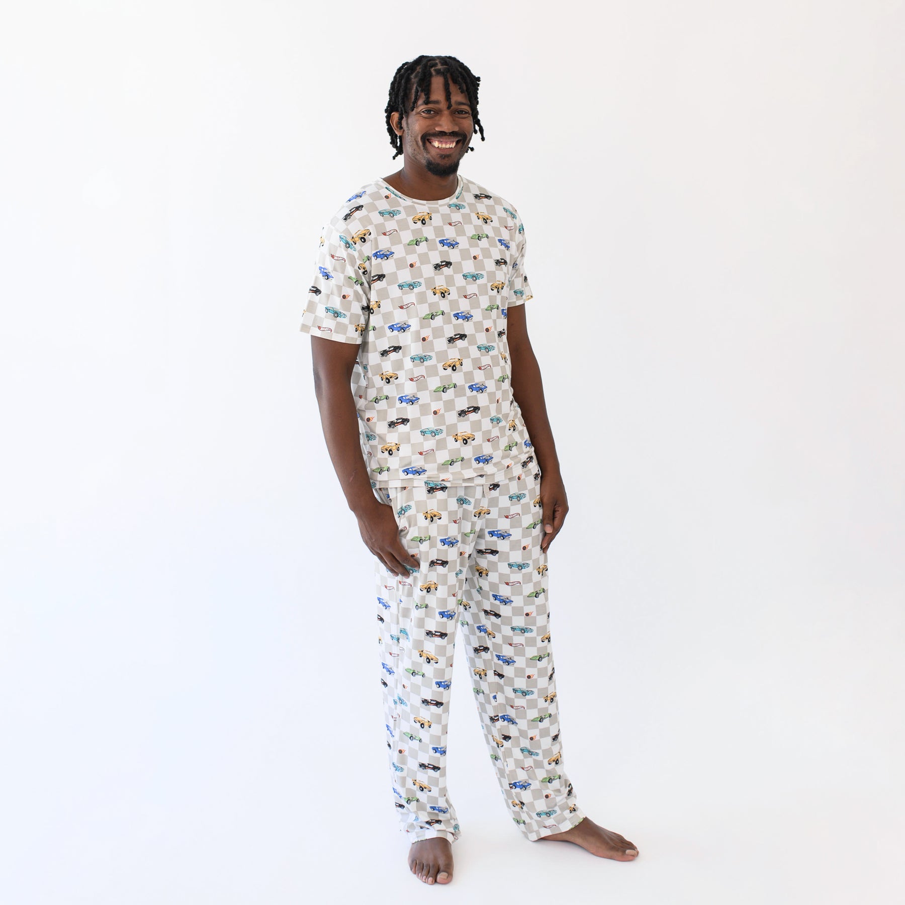 Male model wearing Men's Lounge Pants in Fast and Fierce and matching crew neck tee