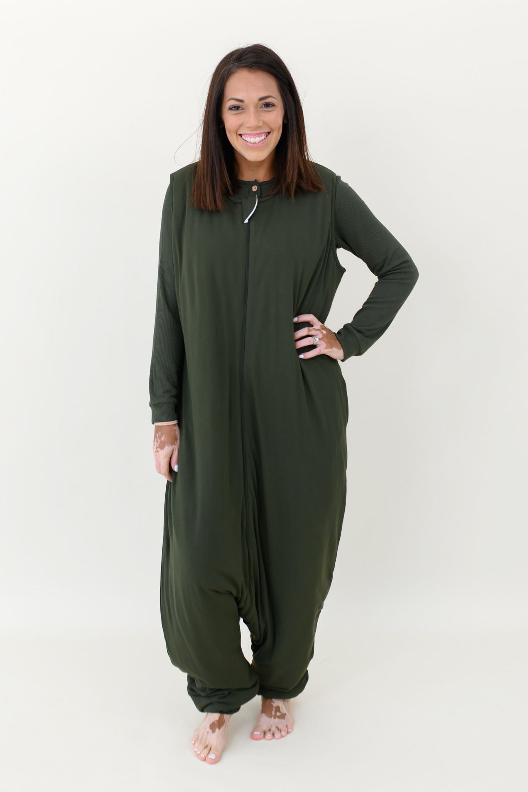 Woman modeling Adult Sleep Bag Walker in Fir against a white background