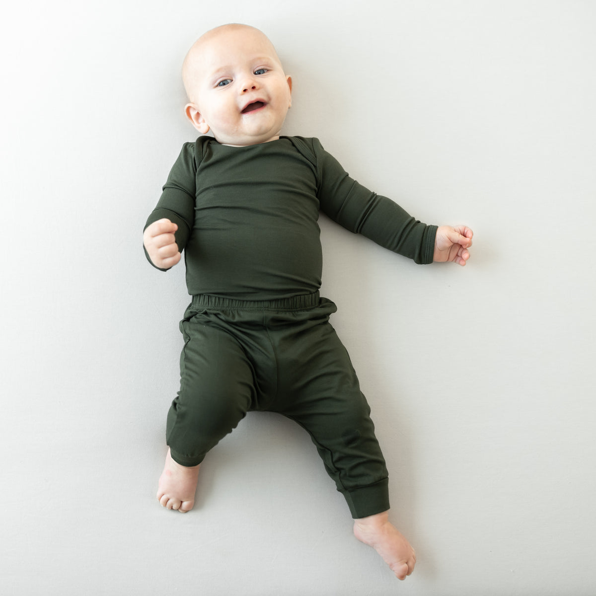 Baby wearing Pant in Fir and matching long sleeve bodysuit