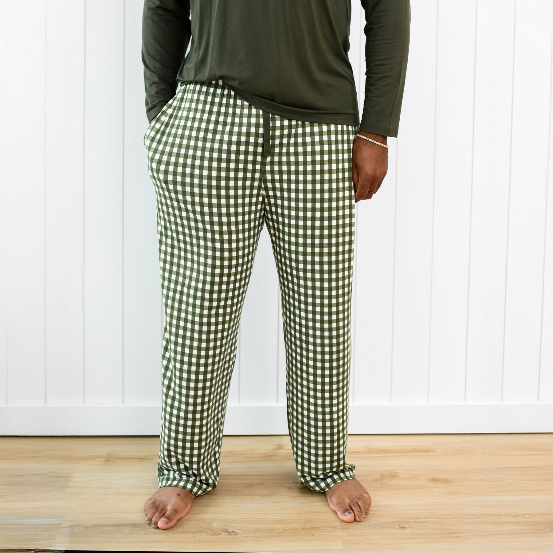 Men's Lounge Pants in Gingham Fir shown no a male model