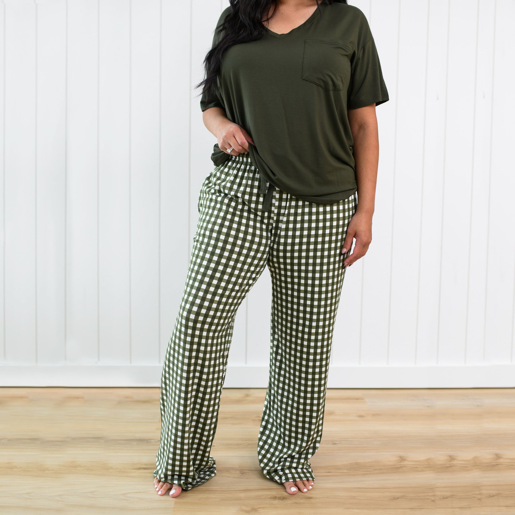 Women's Lounge Pants in Gingham Fir shown on a female model