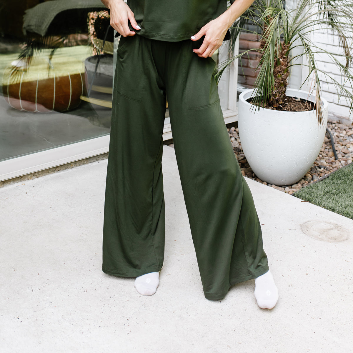Women's Wide Leg Pant in Fir shown on a model