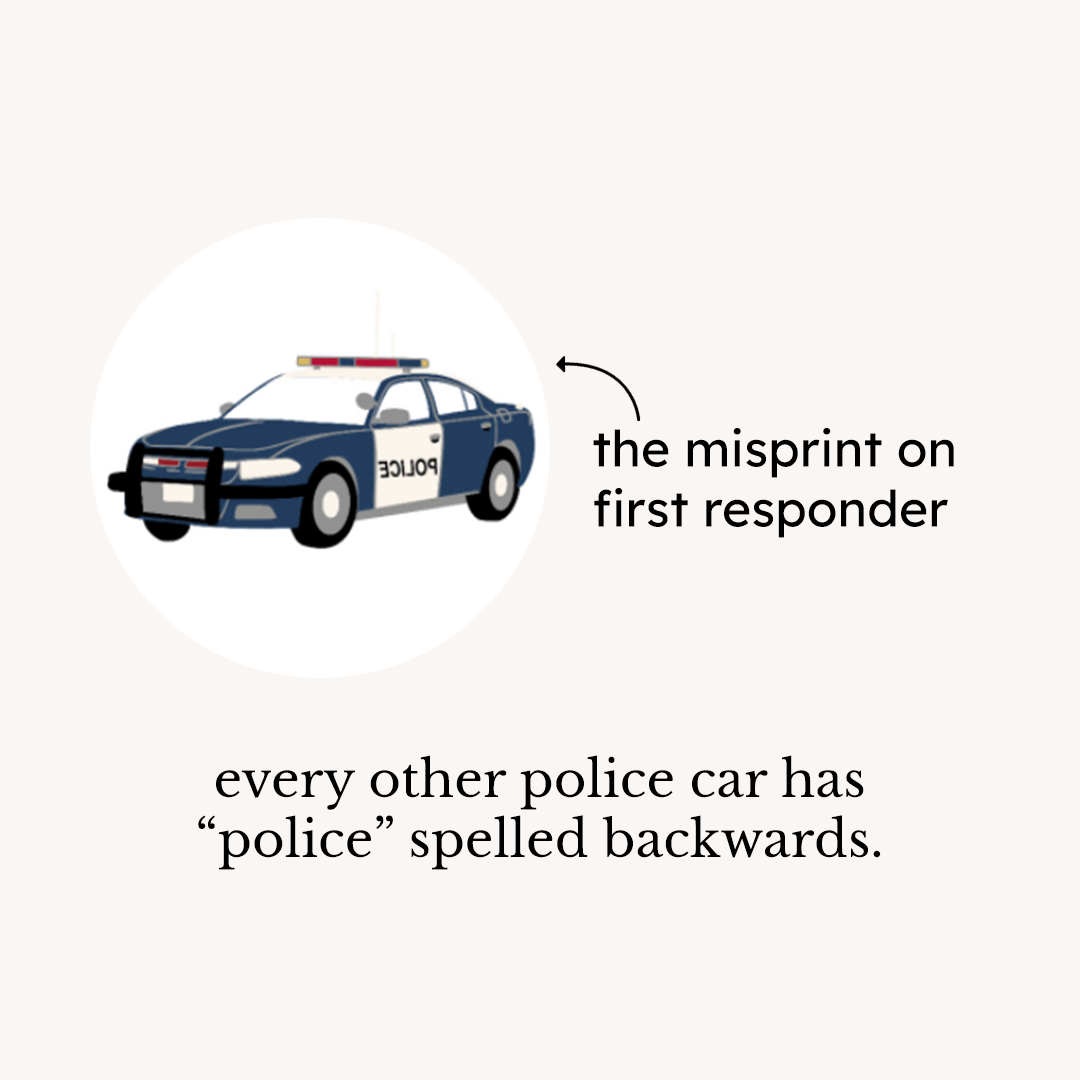 Graphic showing the slight misprint on the First Responder print. Every other police car has "police" spelled backwards.